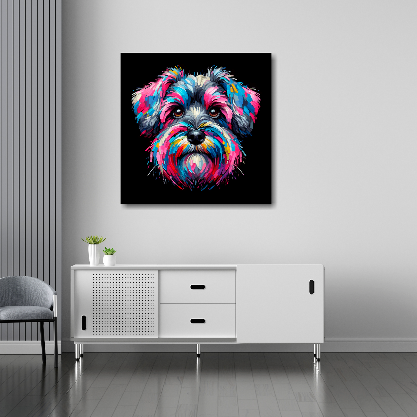 30 inch by 30 inch canvas print featuring a multi-coloured Schnoodle dog portrait. Mounted on a white wall above a white sideboard.