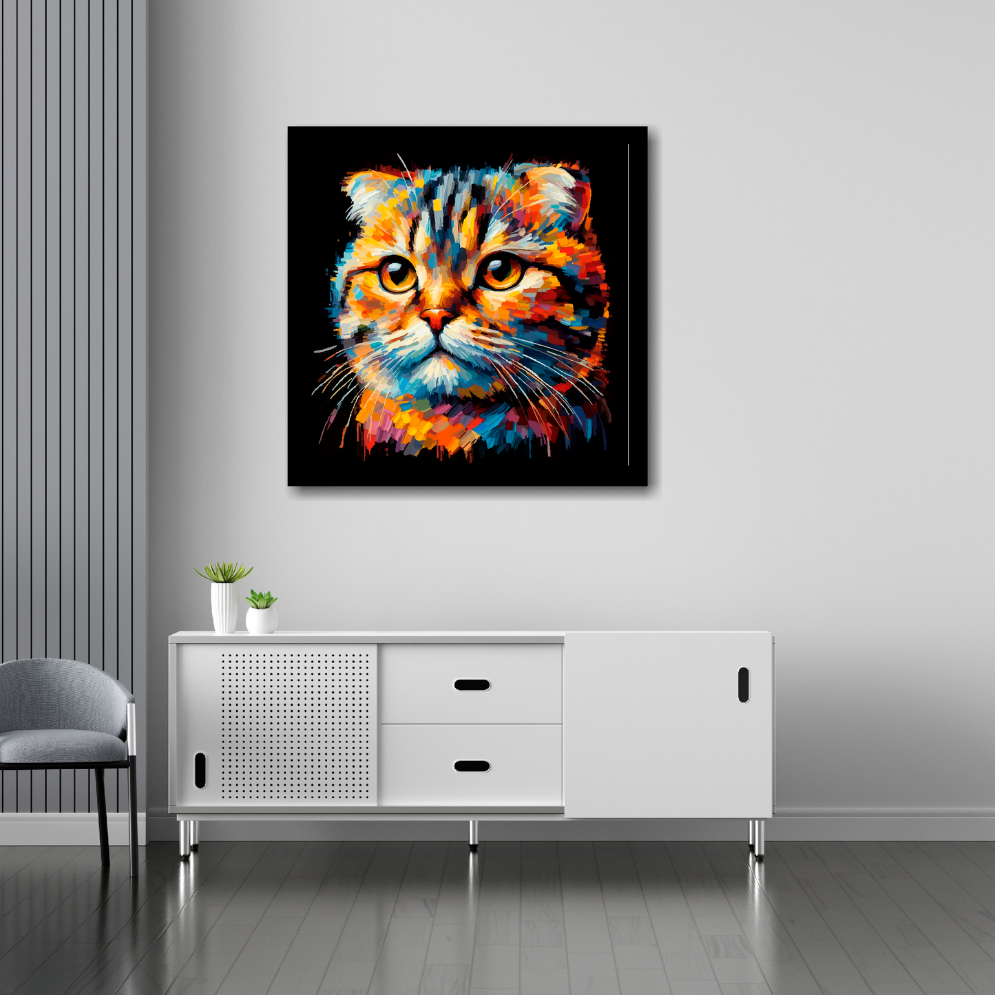 30 inch by 30 inch square canvas of a colourful Scottish Fold cat head portrait on a black background. Mounted on a white wall above a white sideboard.