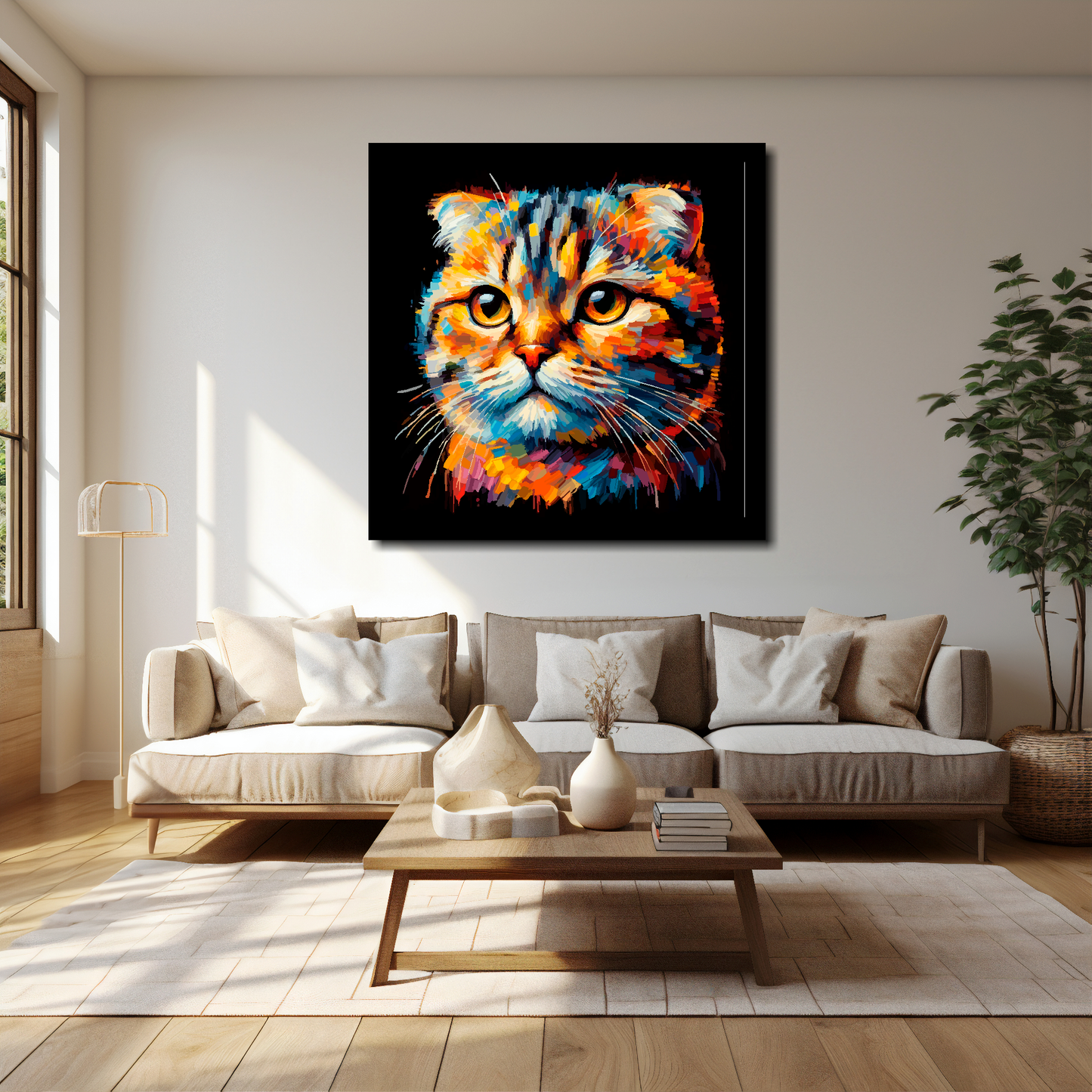 40 inch by 40 inch square canvas of a colourful Scottish Fold cat head portrait on a black background. Mounted on a white wall above a cream sofa with decorative pillows.