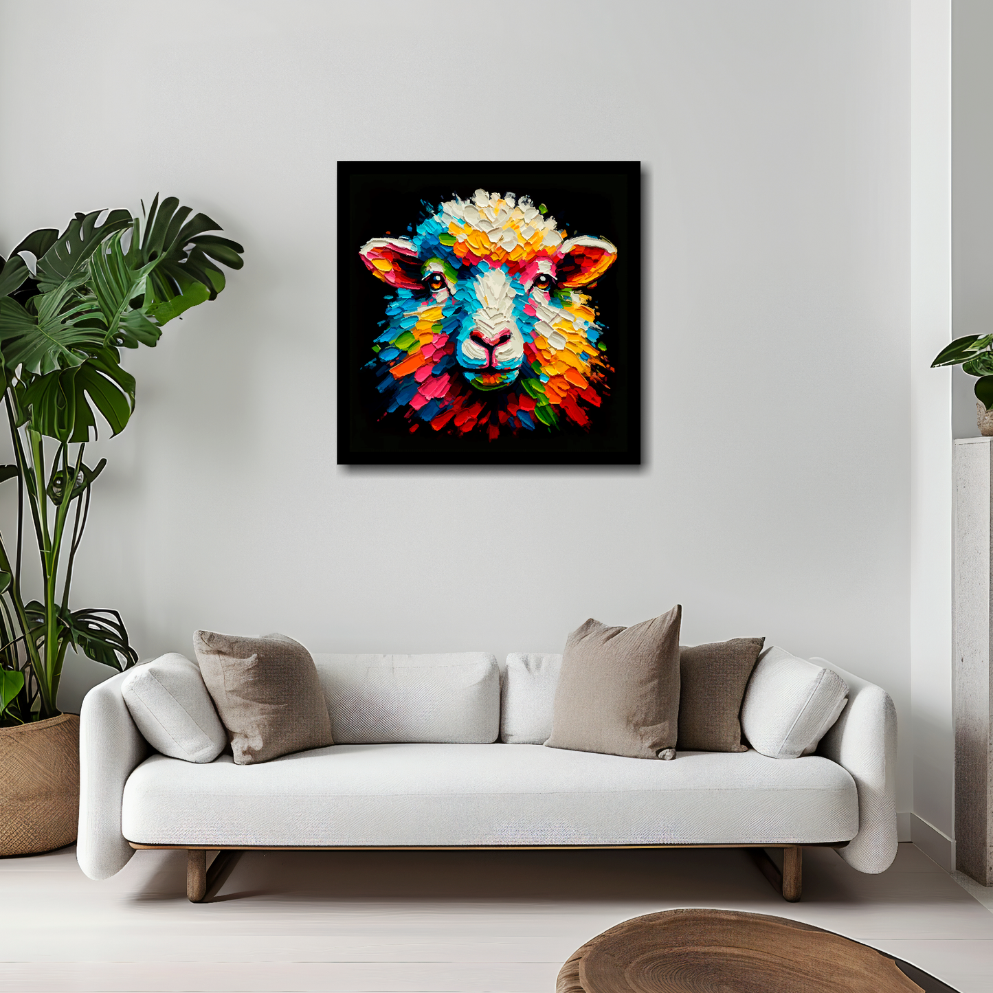 20 inch by 20 inch square canvas of a colouful Sheep head portrait on a black background. Mounted on a white wall above a white sofa with decorative pillows.