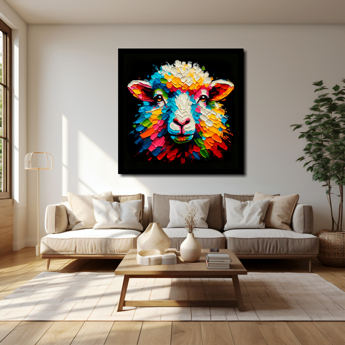 40 inch by 40 inch square canvas of a colouful Sheep head portrait on a black background. Mounted on a white wall above a cream sofa with decorative pillows.
