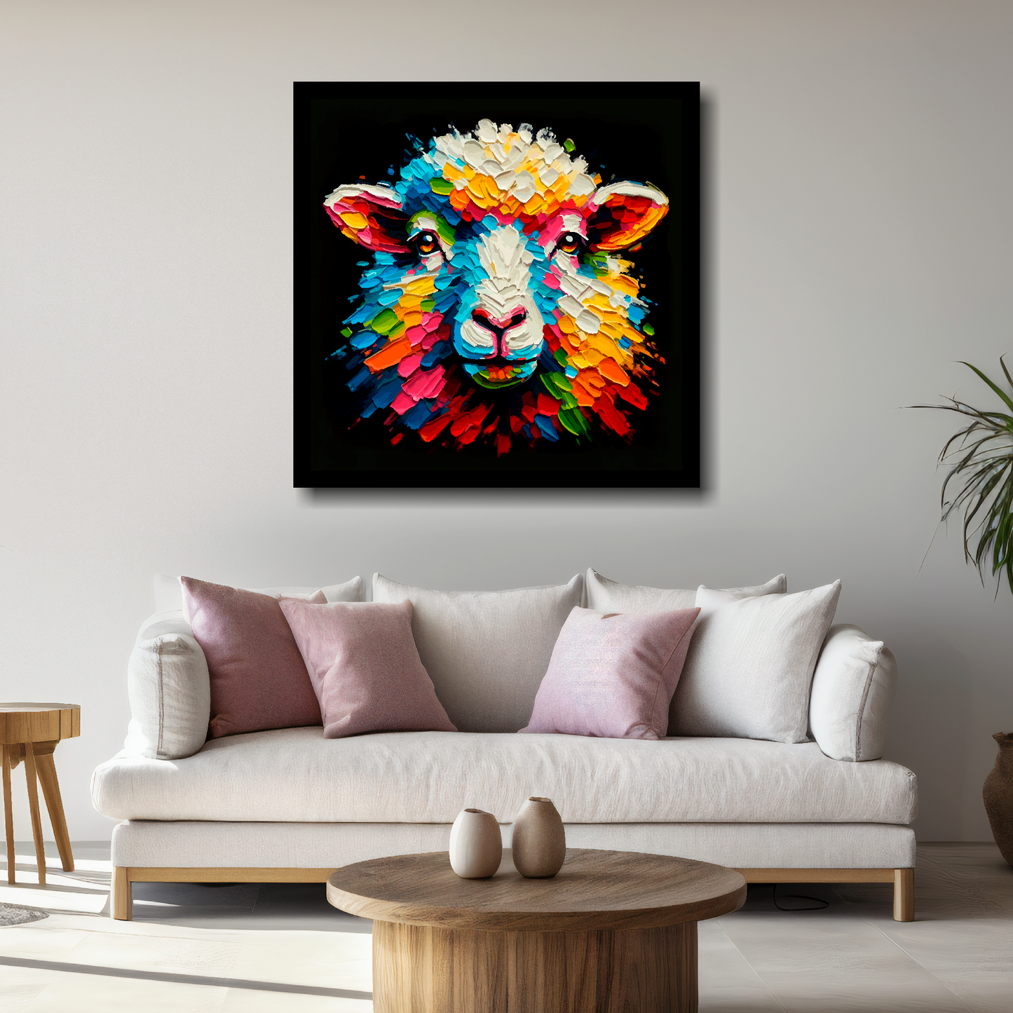 Large canvas wall art - Colourful Sheep portrait on a black background. Available in 3 large sizes.