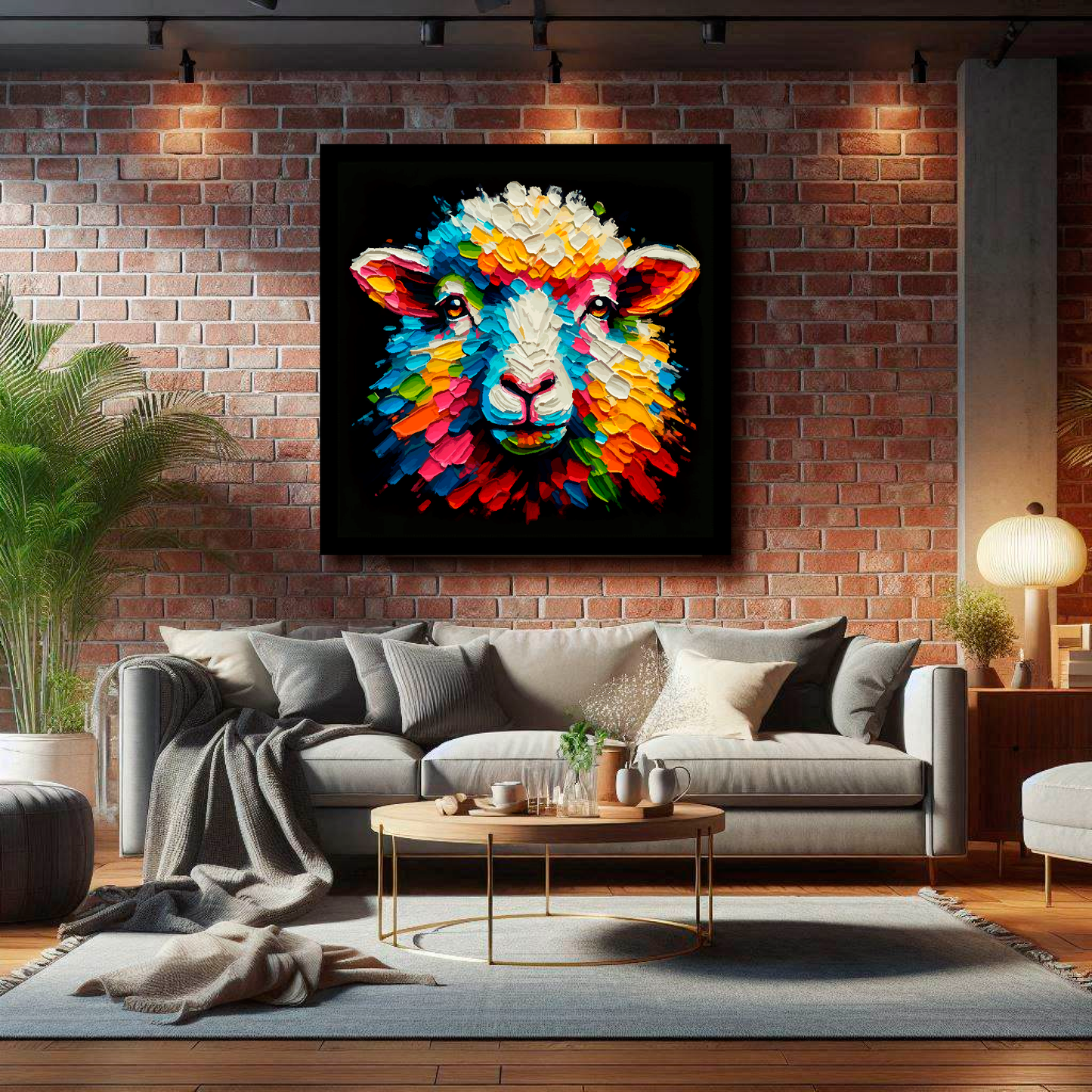 Large canvas wall art - Colourful Sheep portrait on a black background. Available in 3 large sizes.