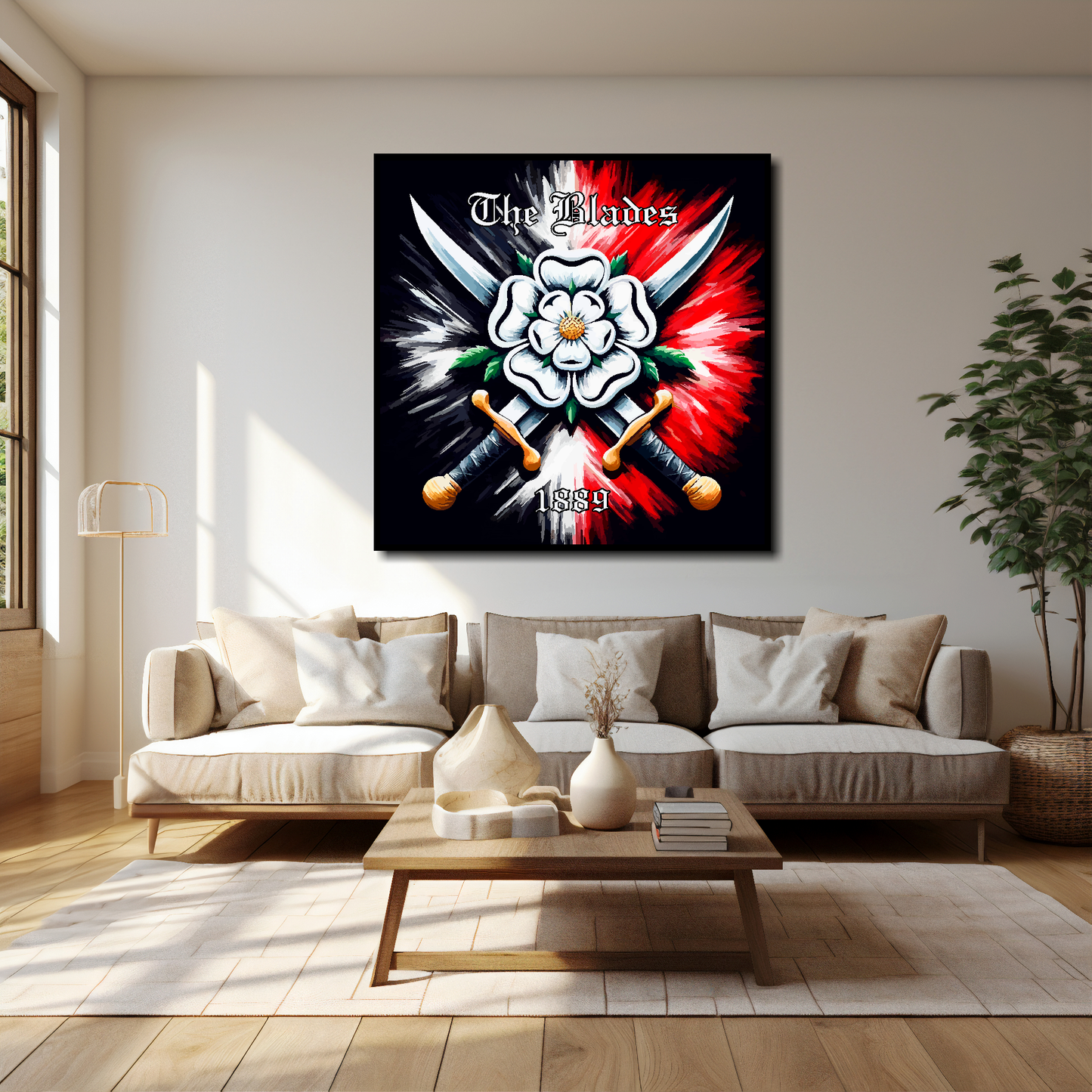 40 inch by 40 inch Sheffield United FC inspired canvas, mounted on a living room wall above a cream sofa. Featuring two crossed swords with a white Yorkshire rose on a black and red background. 'The Blades' written at the top with '1889' at the bottom.