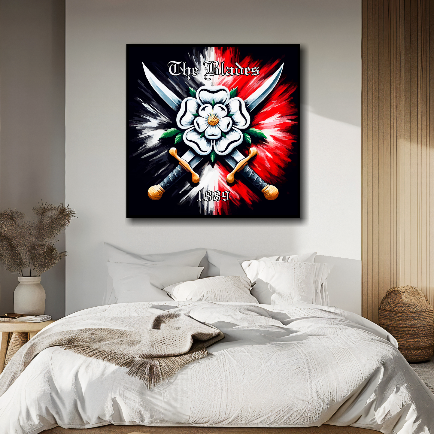 Sheffield United FC inspired canvas, mounted on a bedroom wall above a bed. Featuring two crossed swords with a white Yorkshire rose on a black and red background. 'The Blades' written at the top with '1889' at the bottom.