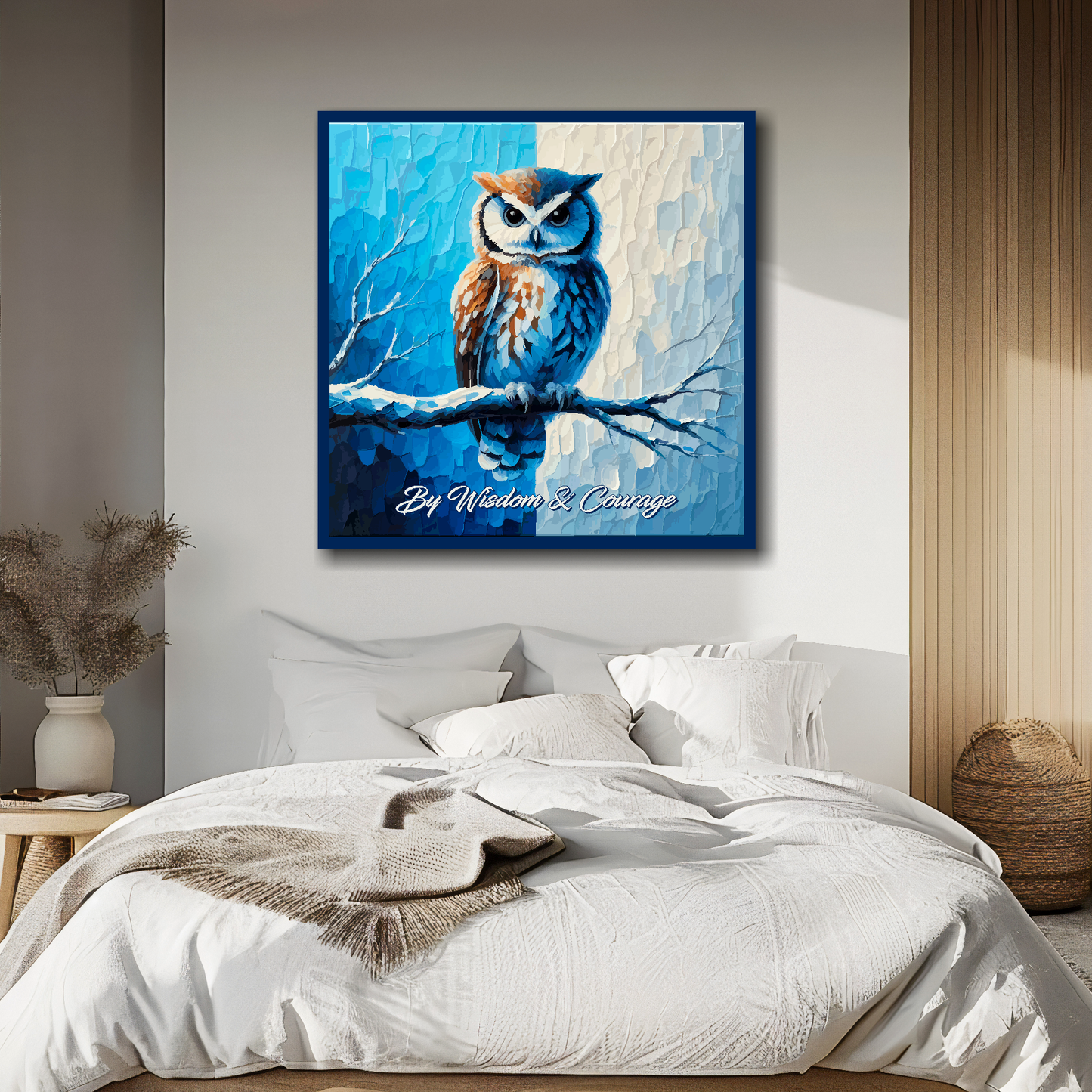 Sheffield Wednesday FC inspired canvas, mounted on a bedroom wall above a bed. Featuring a large owl sitting on a branch on a blue and white halved background. Script nderneath saying 'By Wisdom & Courage'.