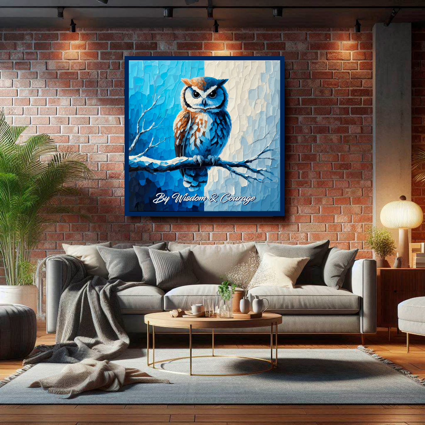 Sheffield Wednesday FC inspired canvas, mounted on a living room wall above a grey sofa. Featuring a large owl sitting on a branch on a blue and white halved background. Script nderneath saying 'By Wisdom & Courage'.