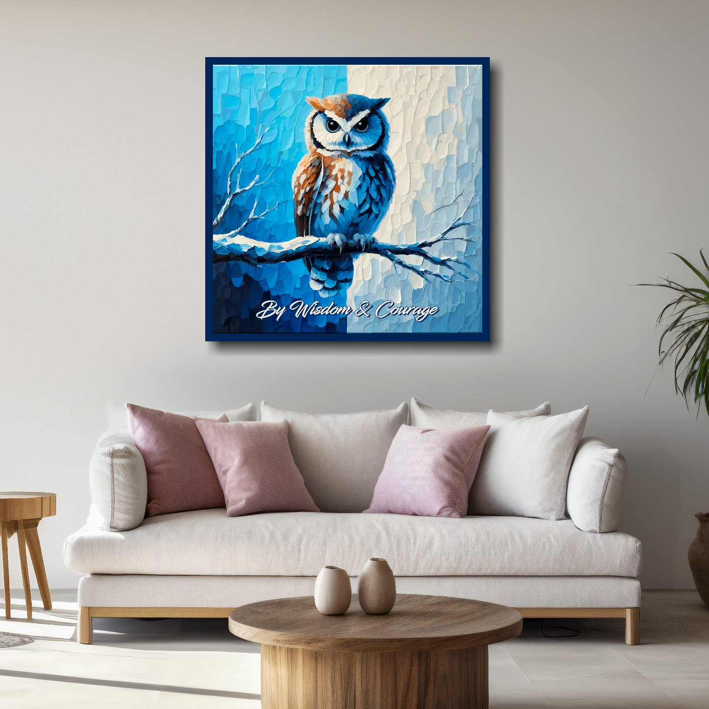 Sheffield Wednesday FC inspired canvas, mounted on a living room wall above a white sofa. Featuring a large owl sitting on a branch on a blue and white halved background. Script nderneath saying 'By Wisdom & Courage'.