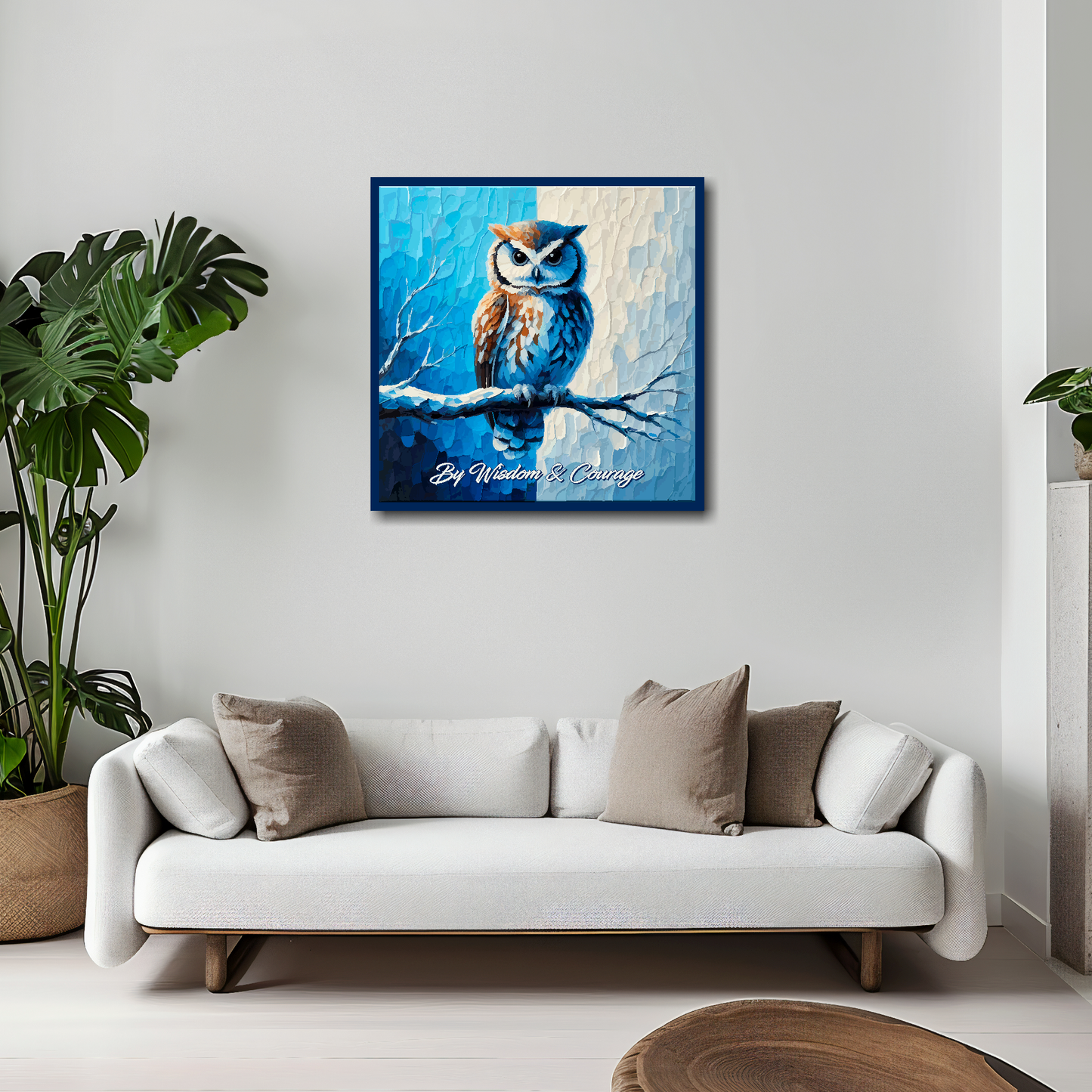 20 inch by 20 inch Sheffield Wednesday FC inspired canvas, mounted on a living room wall above a white sofa. Featuring a large owl sitting on a branch on a blue and white halved background. Script nderneath saying 'By Wisdom & Courage'.