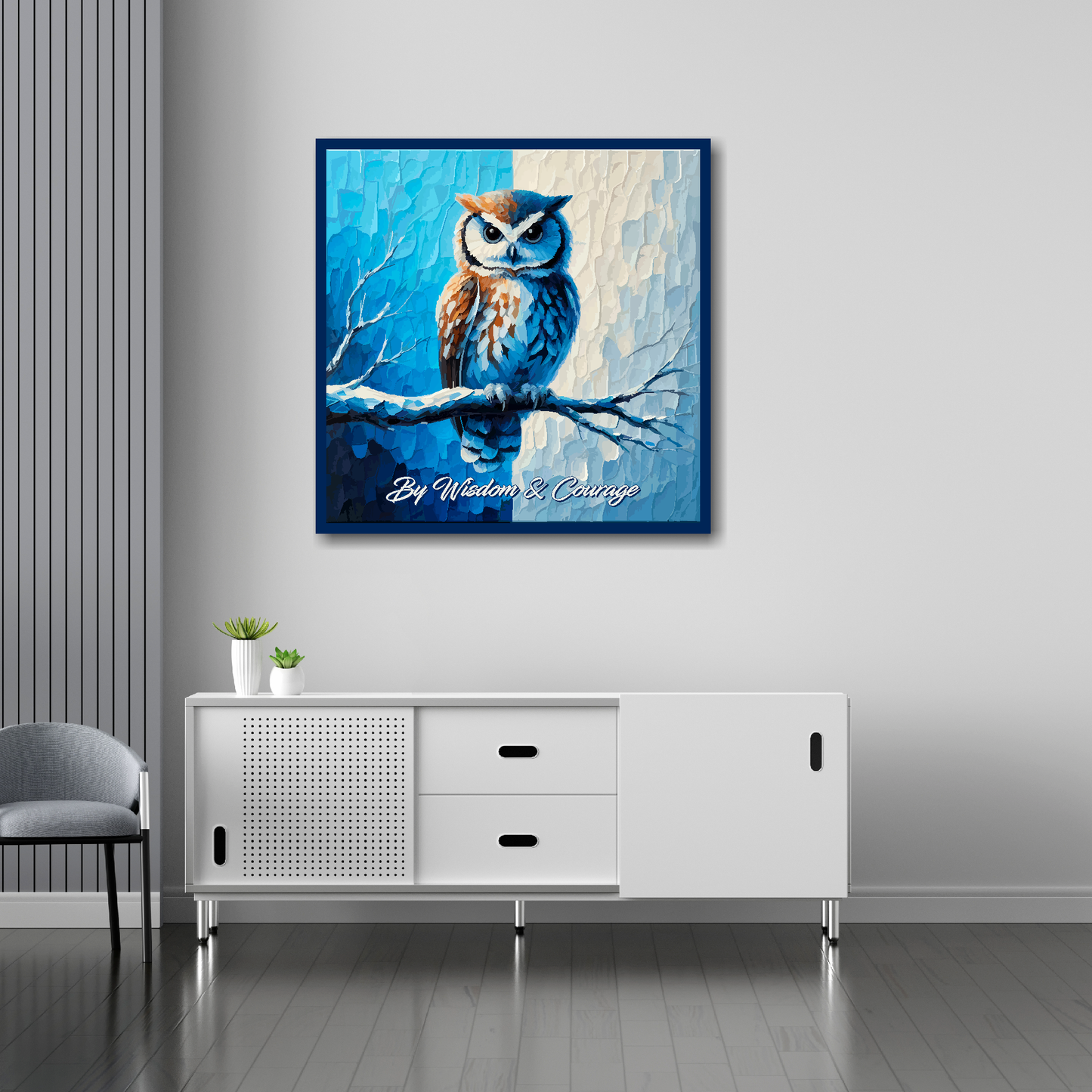 30 inch by 30 inch Sheffield Wednesday FC inspired canvas, mounted on a living room wall above a white sideboard. Featuring a large owl sitting on a branch on a blue and white halved background. Script nderneath saying 'By Wisdom & Courage'.