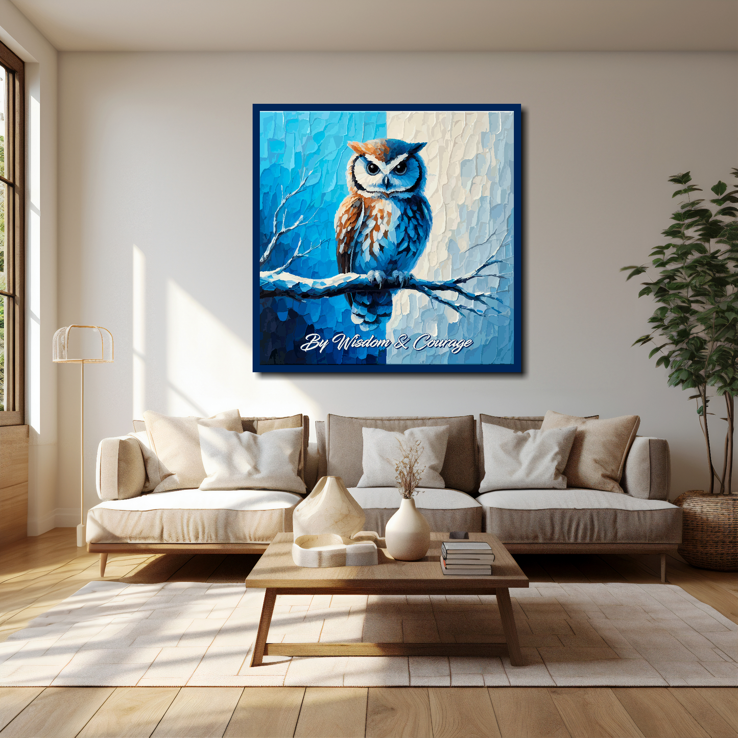 40 inch by 40 inch Sheffield Wednesday FC inspired canvas, mounted on a living room wall above a cream sofa. Featuring a large owl sitting on a branch on a blue and white halved background. Script nderneath saying 'By Wisdom & Courage'.