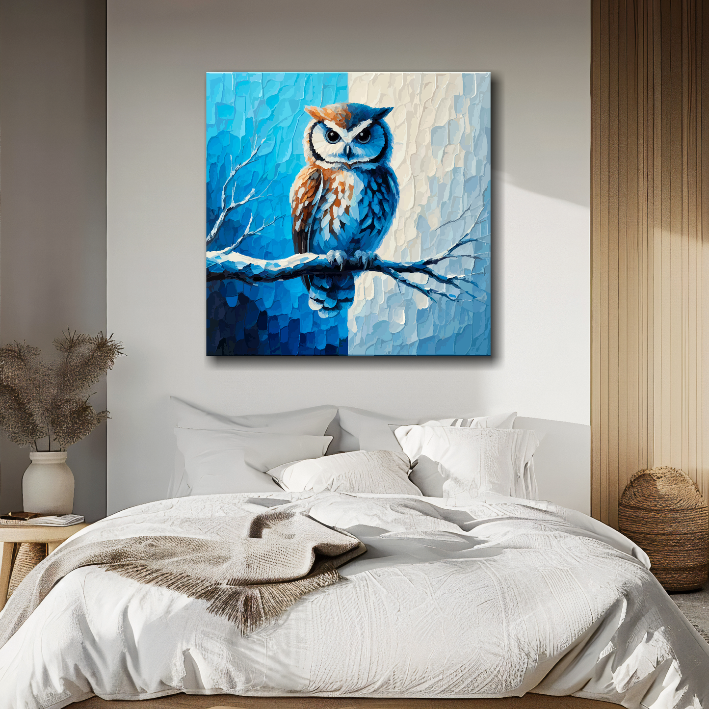 Large canvas wall art - An Owl on a branch in club colours, inspired by Sheffield Wednesday F.C. Part of the UK CANVAS sports collection. Available in 3 large sizes.