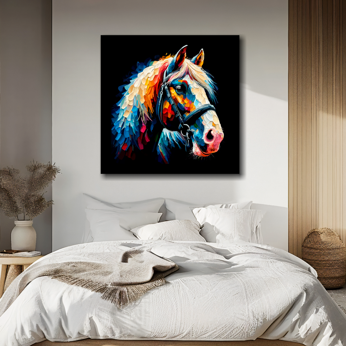 Large canvas wall art - Colourful Shire Horse portrait on a black background. Available in 3 large sizes.