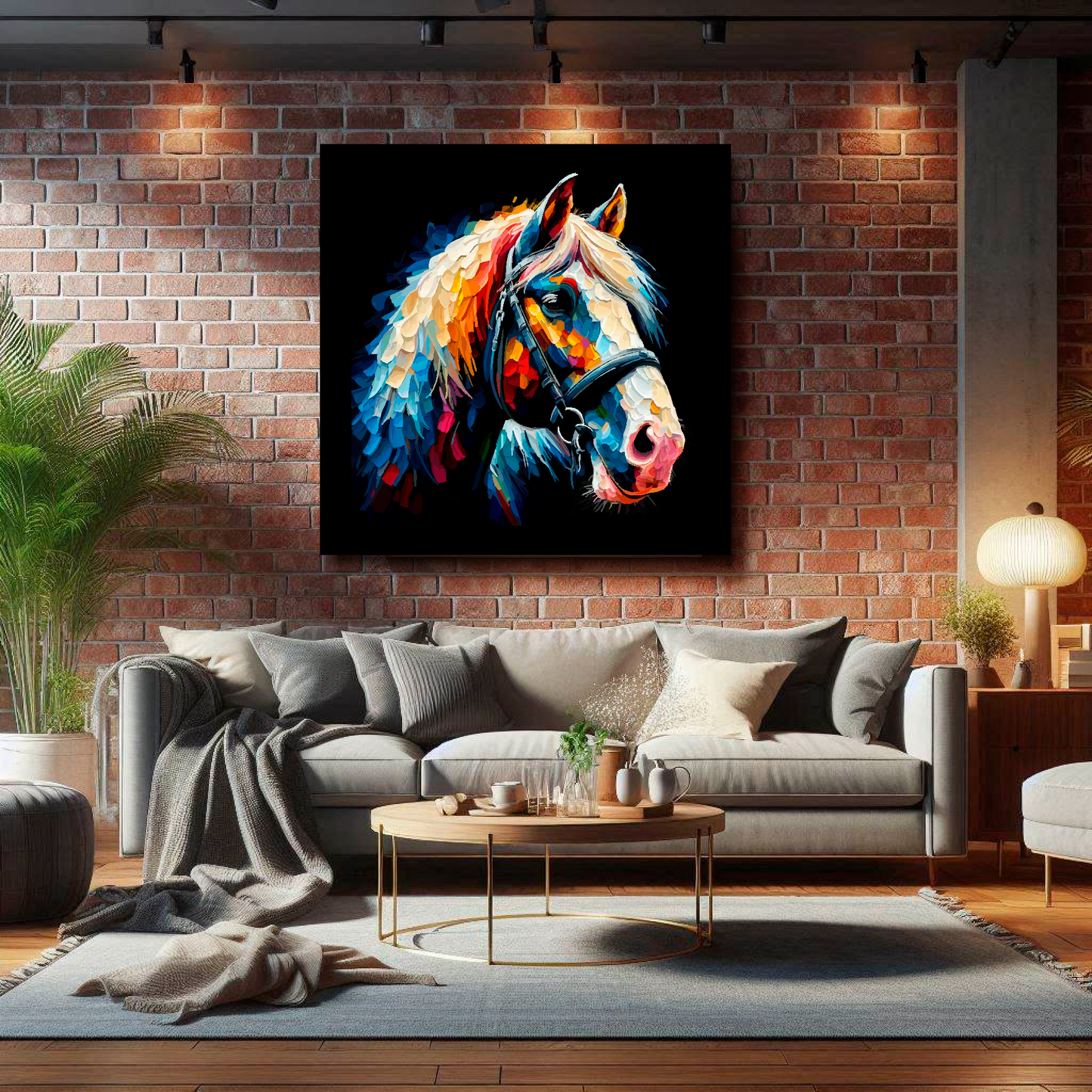 Large canvas wall art - Colourful Shire Horse portrait on a black background. Available in 3 large sizes.