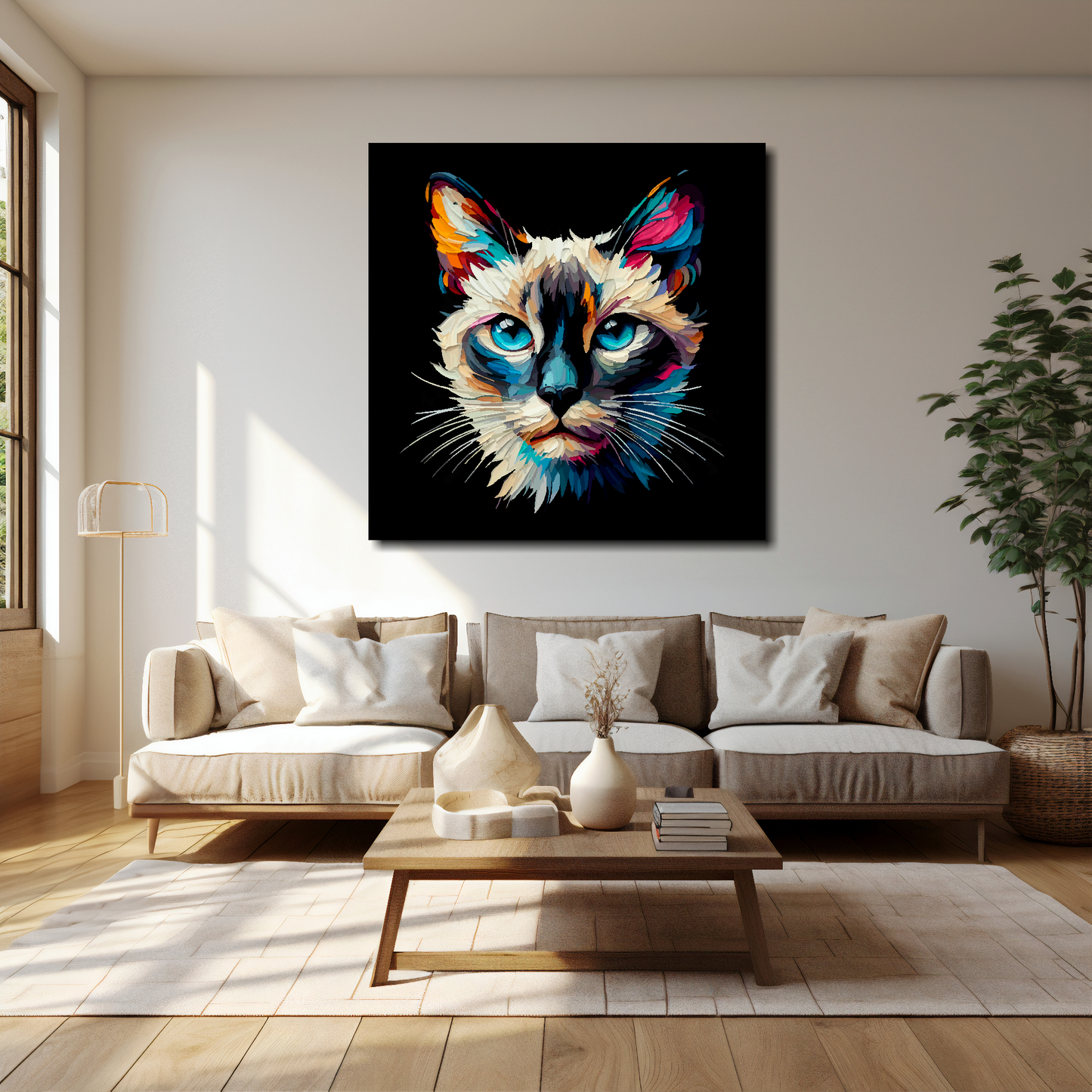 40 inch by 40 inch square canvas of a colourful Siamese cat head portrait on a black background. Mounted on a white wall above a cream sofa with decorative pillows.