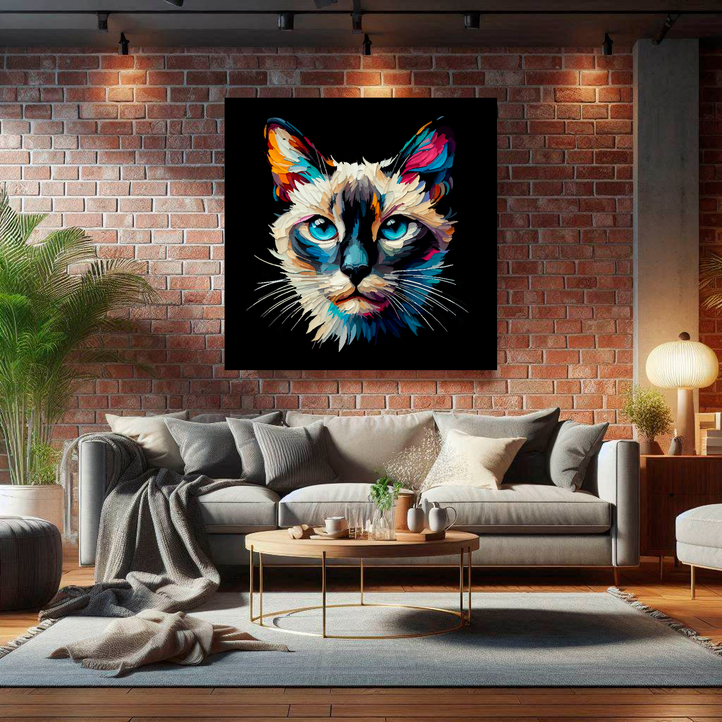 Large canvas wall art - A vibrant multi-coloured head portrait of a Siamese Cat. Available in 3 large sizes.