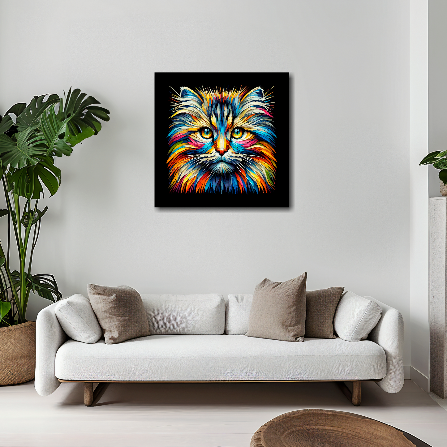 20 inch by 20 inch square canvas of a colourful Siberian Forest cat head portrait on a black background. Mounted on a white wall above a white sofa with decorative pillows.