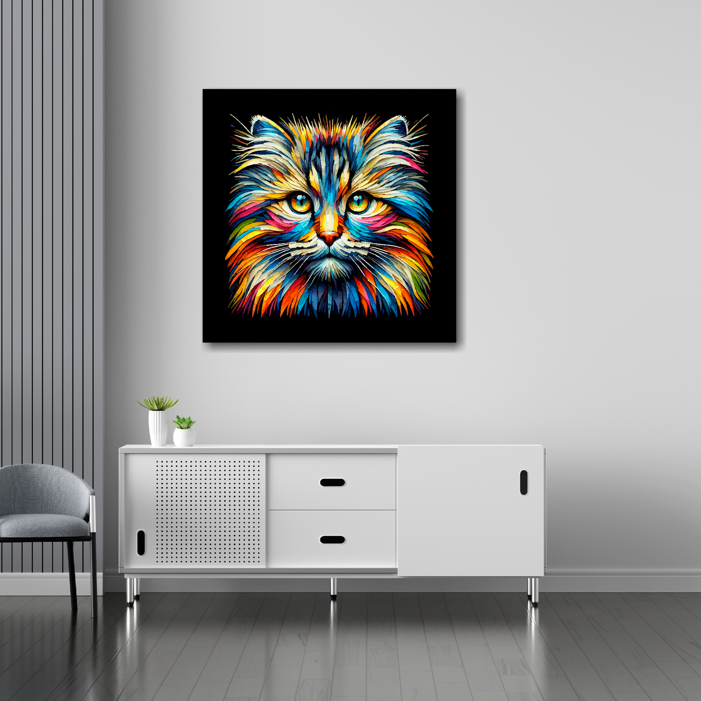 30 inch by 30 inch square canvas of a colourful Siberian Forest cat head portrait on a black background. Mounted on a white wall above a white sideboard.
