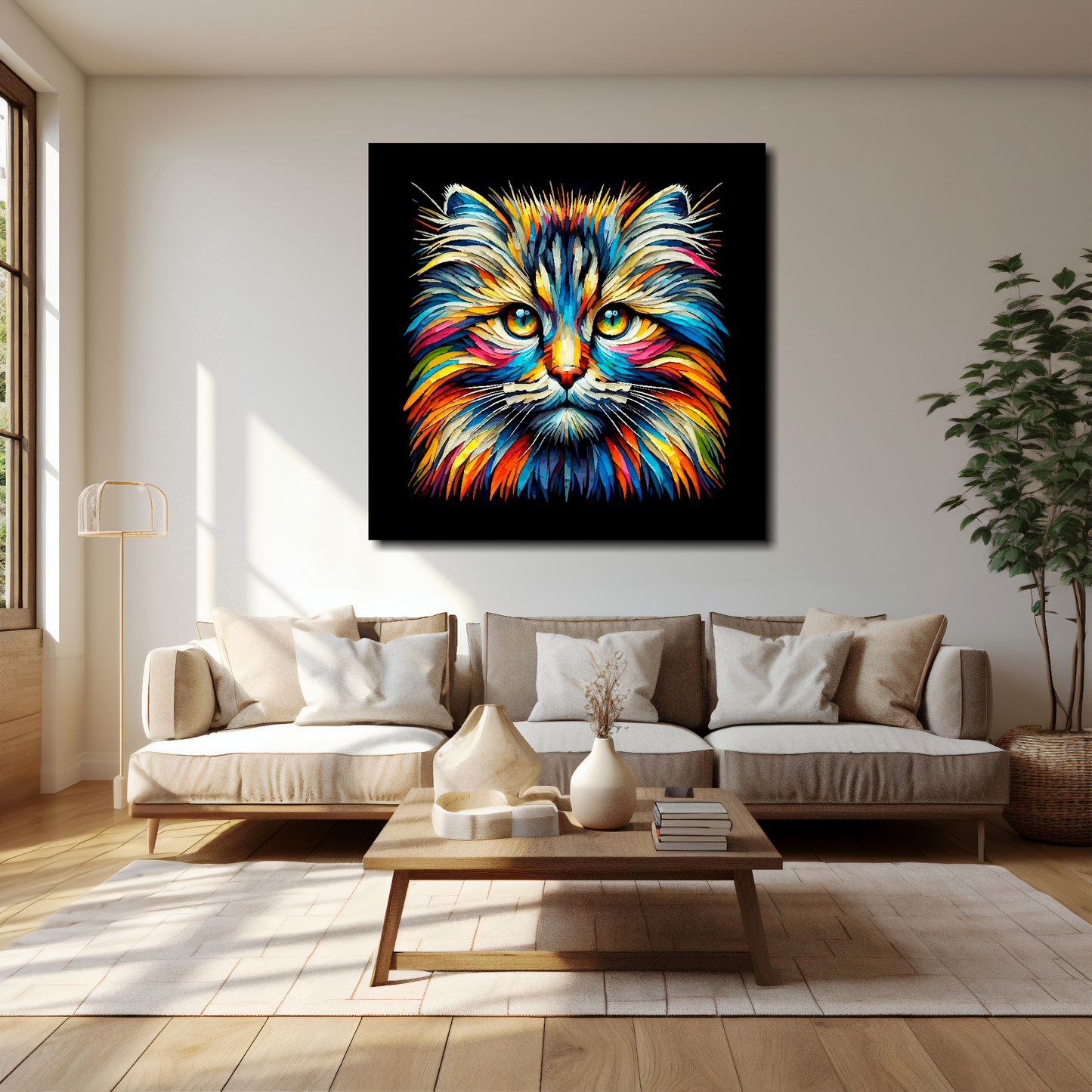 40 inch by 40 inch square canvas of a colourful Siberian Forest cat head portrait on a black background. Mounted on a white wall above a cream sofa with decorative pillows.