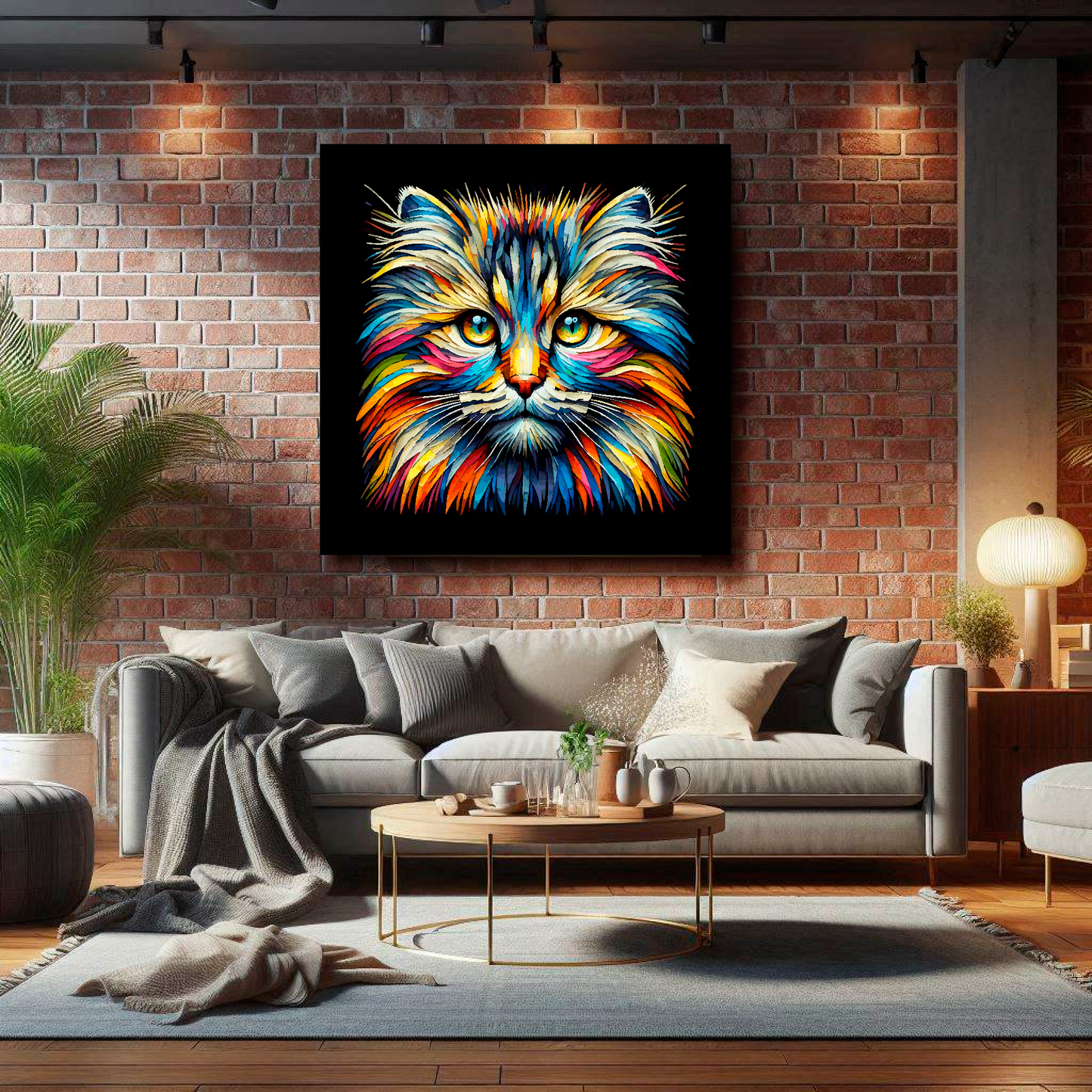 Large canvas wall art - A vibrant multi-coloured head portrait of a Siberian Forest Cat. Available in 3 large sizes.