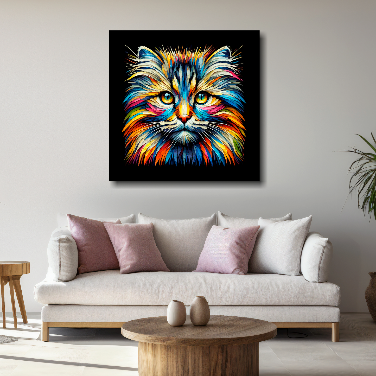 Large canvas wall art - A vibrant multi-coloured head portrait of a Siberian Forest Cat. Available in 3 large sizes.