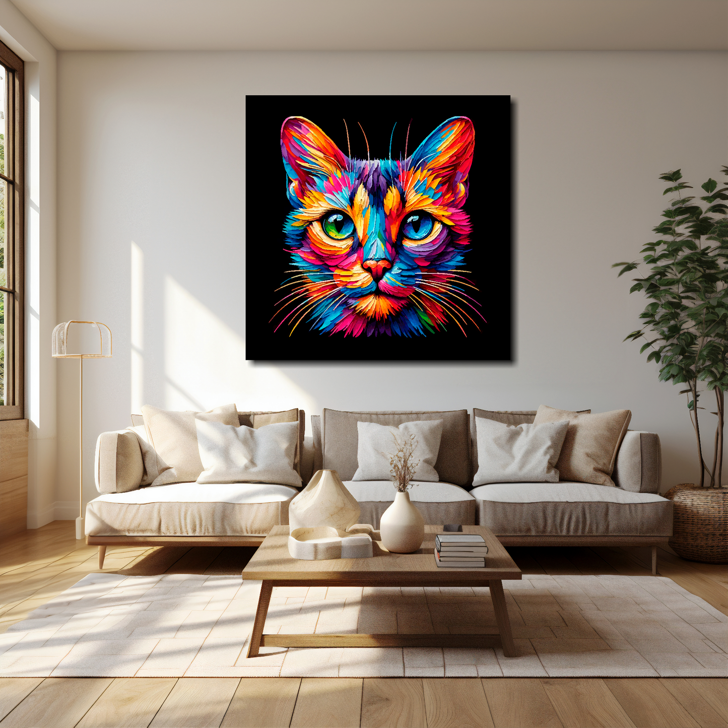 40 inch by 40 inch square canvas of a colourful Singapura cat head portrait on a black background. Mounted on a white wall above a cream sofa with decorative pillows.