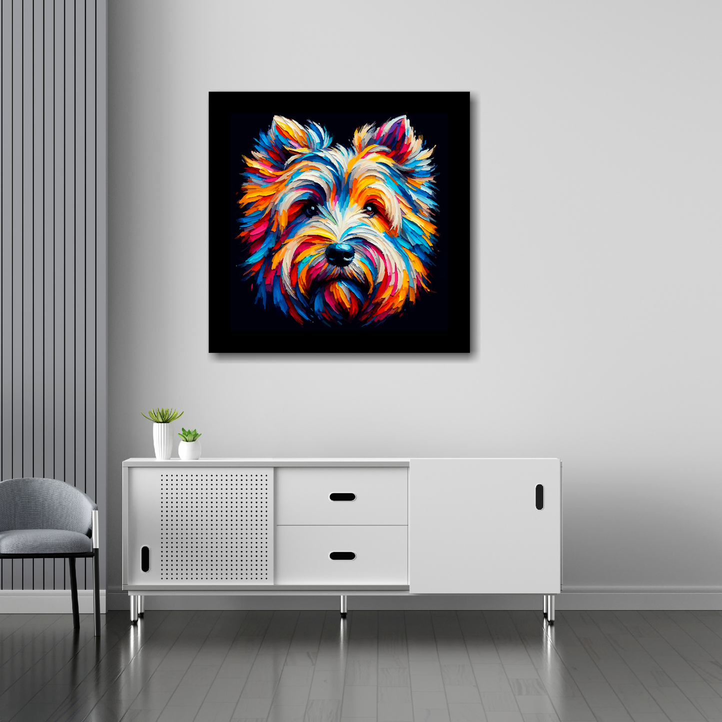 30 inch by 30 inch square canvas of a colourful Skye Terrier head portrait on a black background. Mounted on a white wall above a white sideboard.