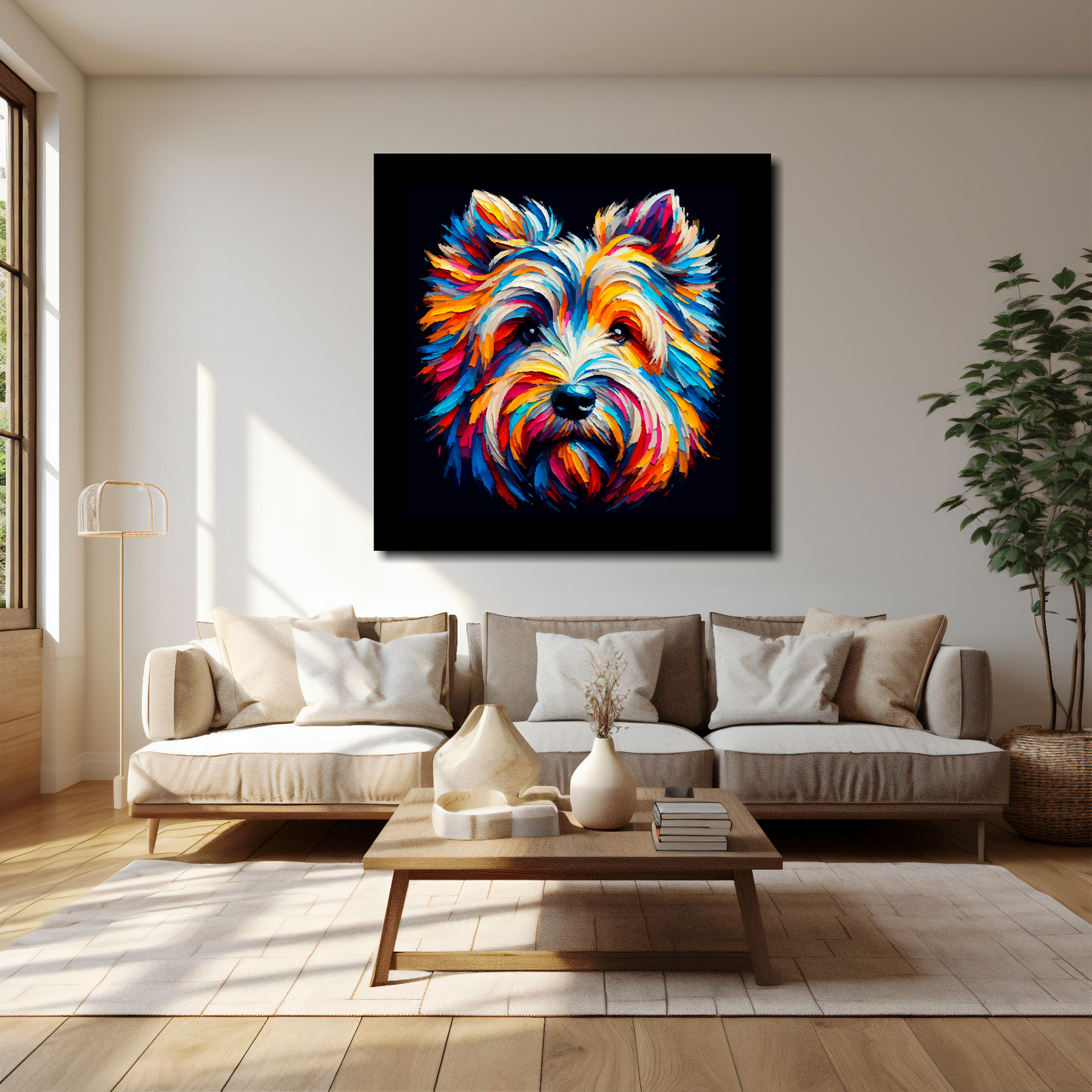 40 inch by 40 inch square canvas of a colourful Skye Terrier head portrait on a black background. Mounted on a white wall above a cream sofa with decorative pillows.