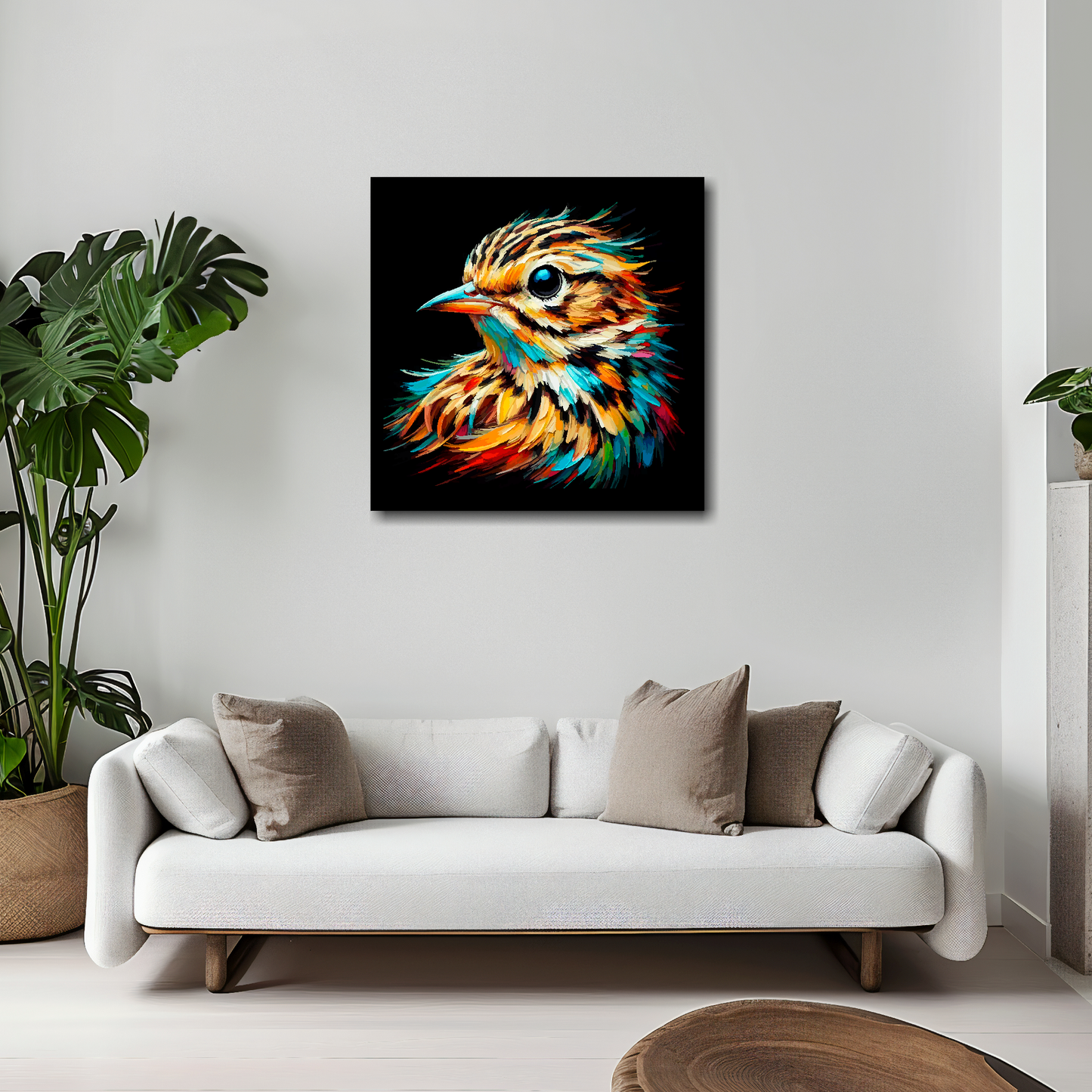 20 inch by 20 inch square canvas of a colourful Skylark portrait on a black background. Mounted on a white wall above a white sofa with decorative pillows.