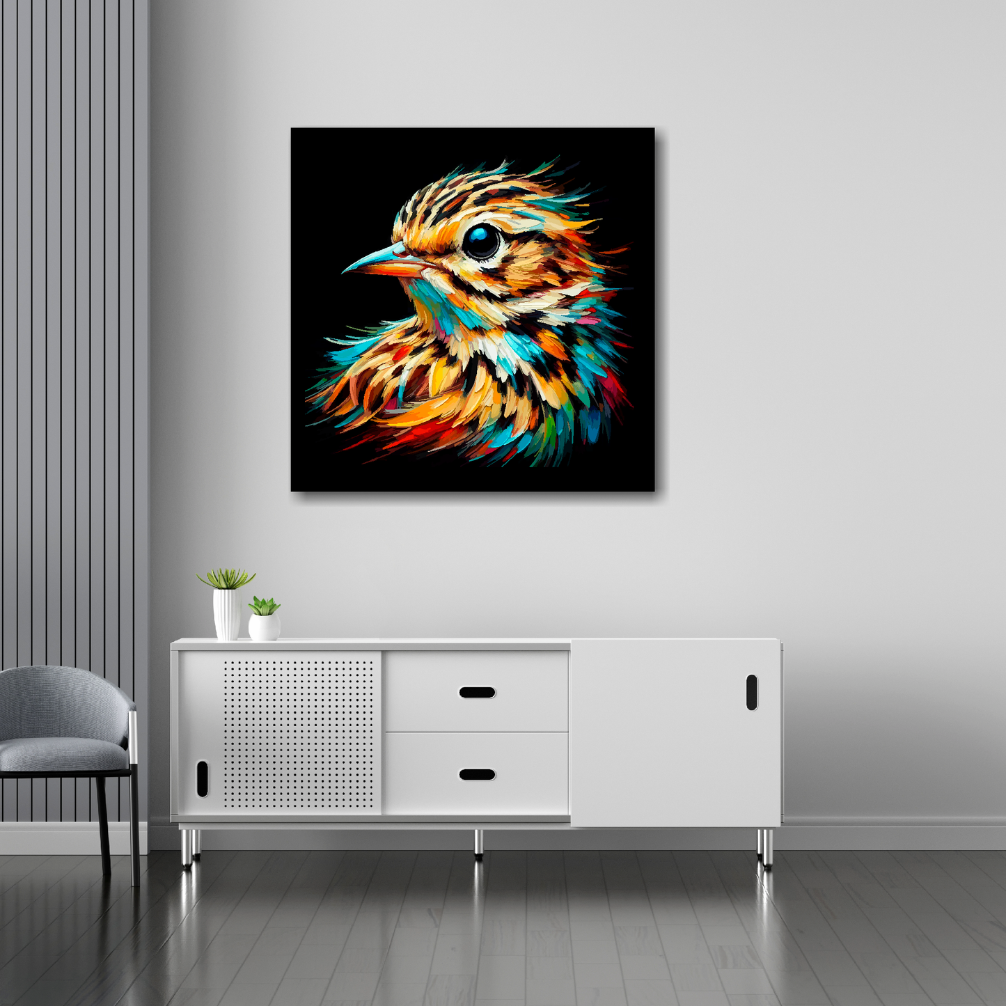 30 inch by 30 inch square canvas of a colourful Skylark portrait on a black background. Mounted on a white wall above a white sideboard.