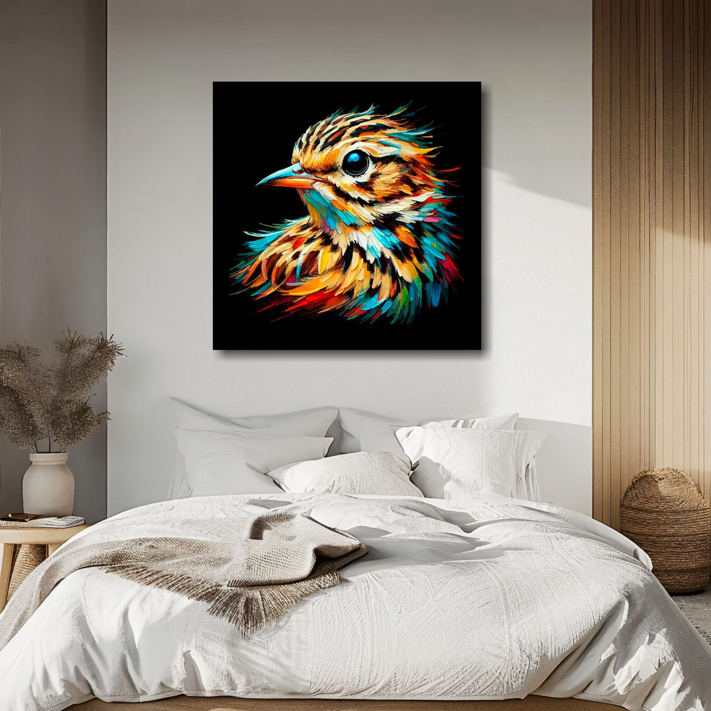 Large canvas wall art - A vibrant multi-coloured head portrait of a Skylark. Available in 3 large sizes.