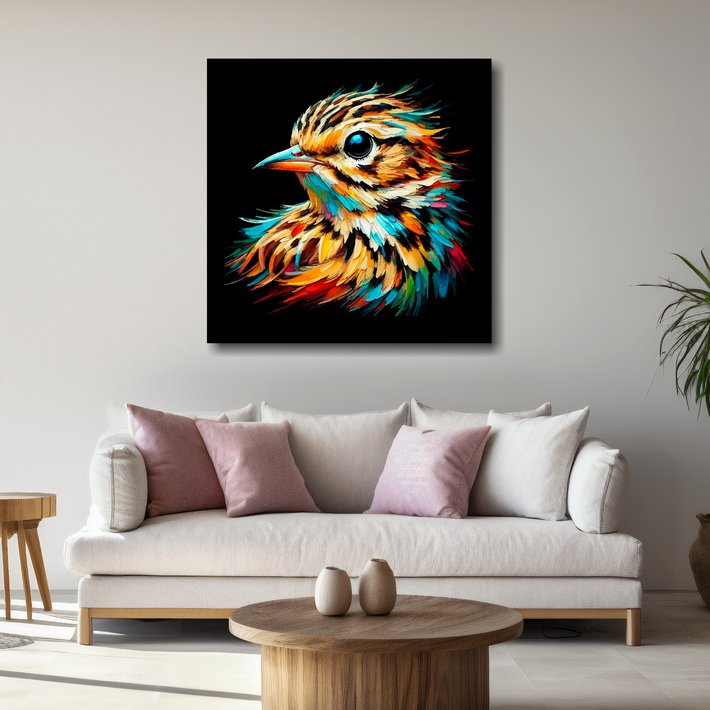 Large canvas wall art - A vibrant multi-coloured head portrait of a Skylark. Available in 3 large sizes.