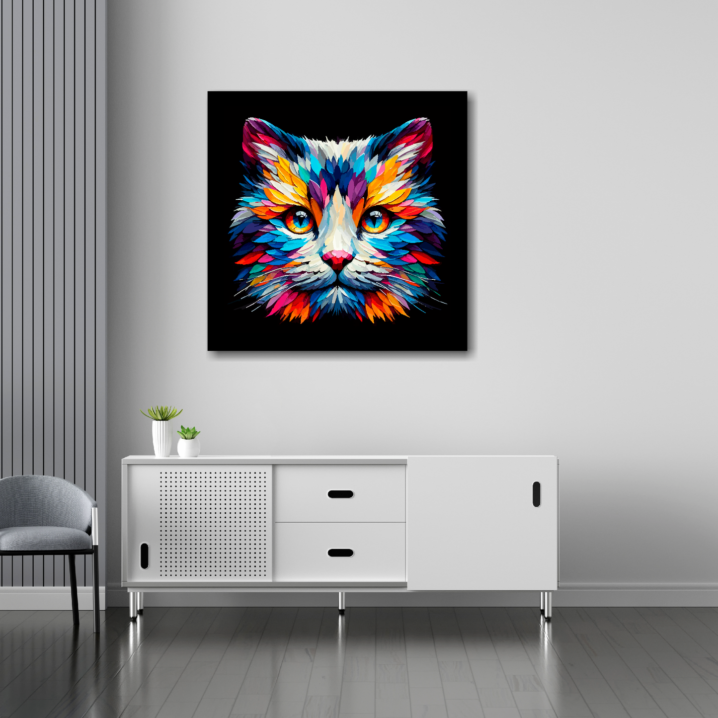 30 inch by 30 inch square canvas of a colourful Snowshoe cat head portrait on a black background. Mounted on a white wall above a white sideboard.