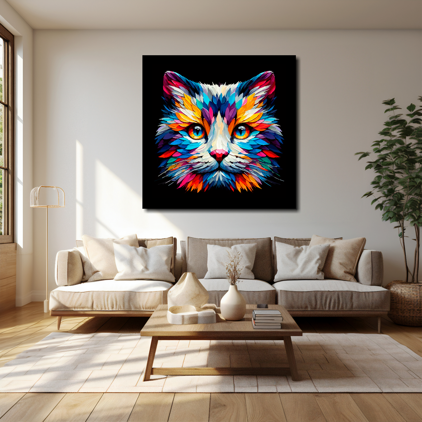 40 inch by 40 inch square canvas of a colourful Snowshoe cat head portrait on a black background. Mounted on a white wall above a cream sofa with decorative pillows.