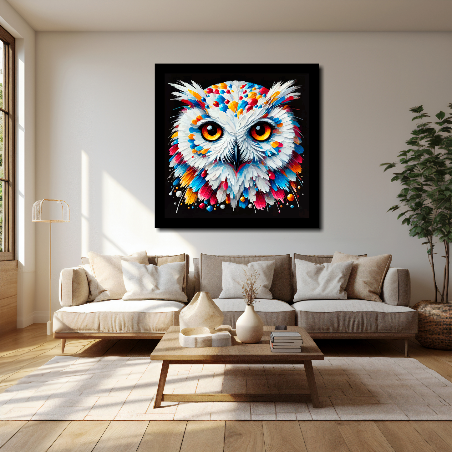 40 inch by 40 inch square canvas of a colourful Snowy Owl portrait on a black background. Mounted on a white wall above a cream sofa with decorative pillows.