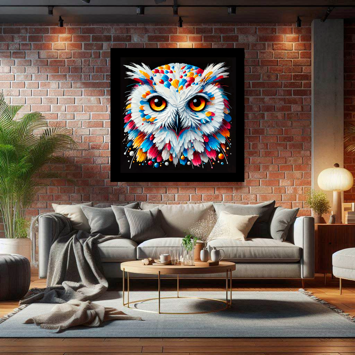 Large canvas wall art - A vibrant multi-coloured head portrait of a Snowy Owl. Available in 3 large sizes.