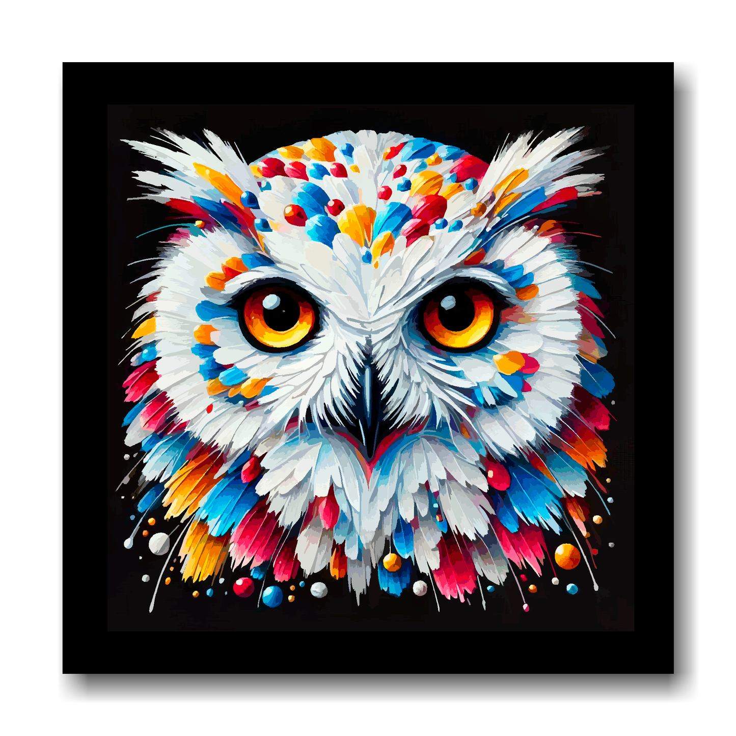Large canvas wall art - A vibrant multi-coloured head portrait of a Snowy Owl. Available in 3 large sizes.