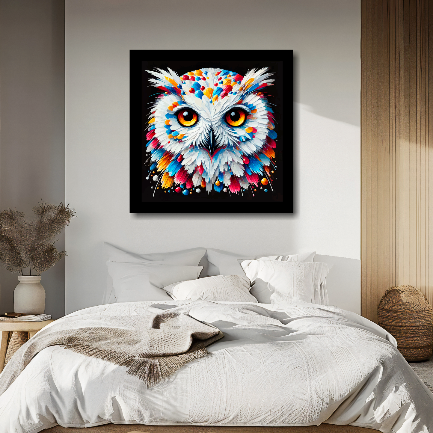 Large canvas wall art - A vibrant multi-coloured head portrait of a Snowy Owl. Available in 3 large sizes.