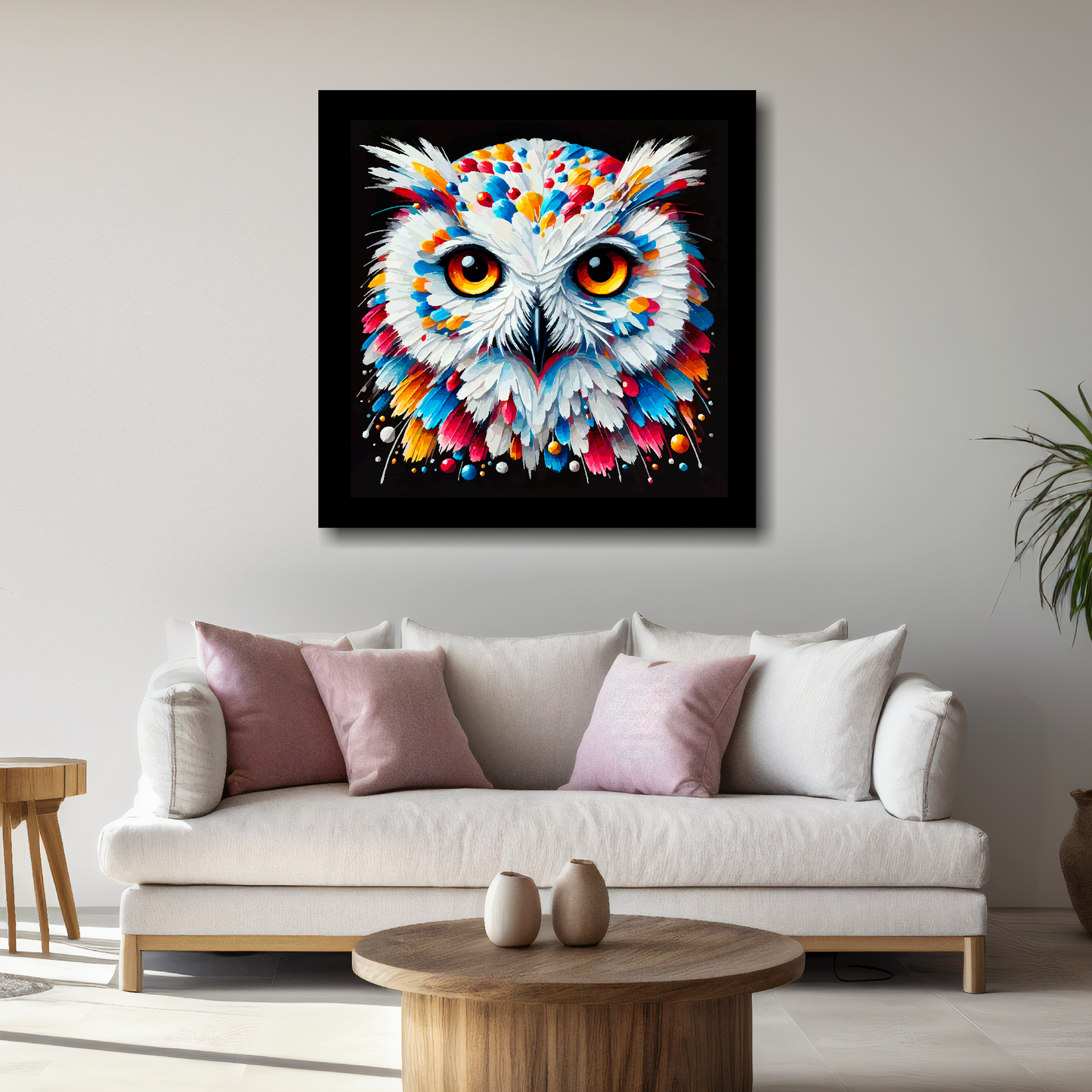 Large canvas wall art - A vibrant multi-coloured head portrait of a Snowy Owl. Available in 3 large sizes.