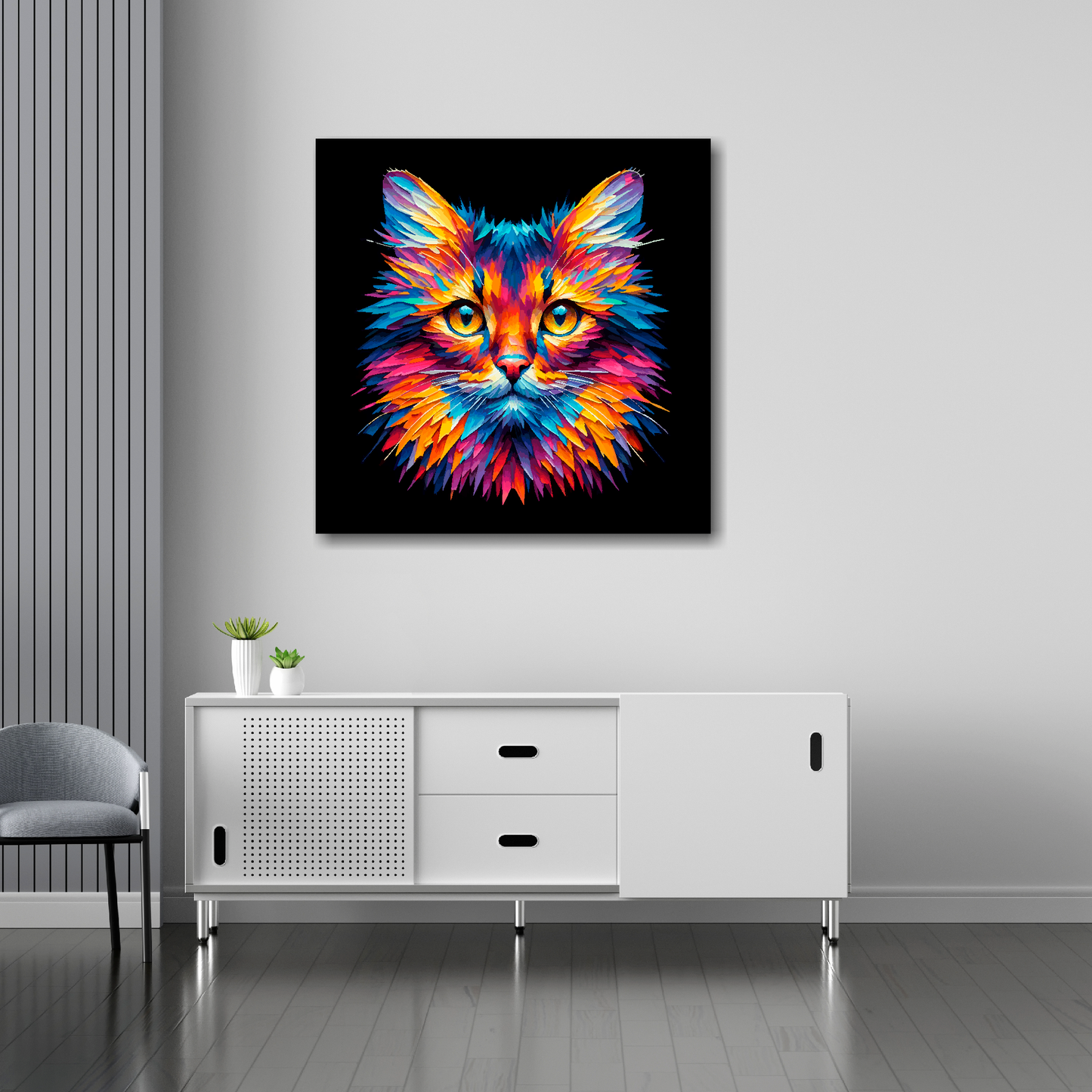 30 inch by 30 inch square canvas of a colourful Somali cat head portrait on a black background. Mounted on a white wall above a white sideboard.