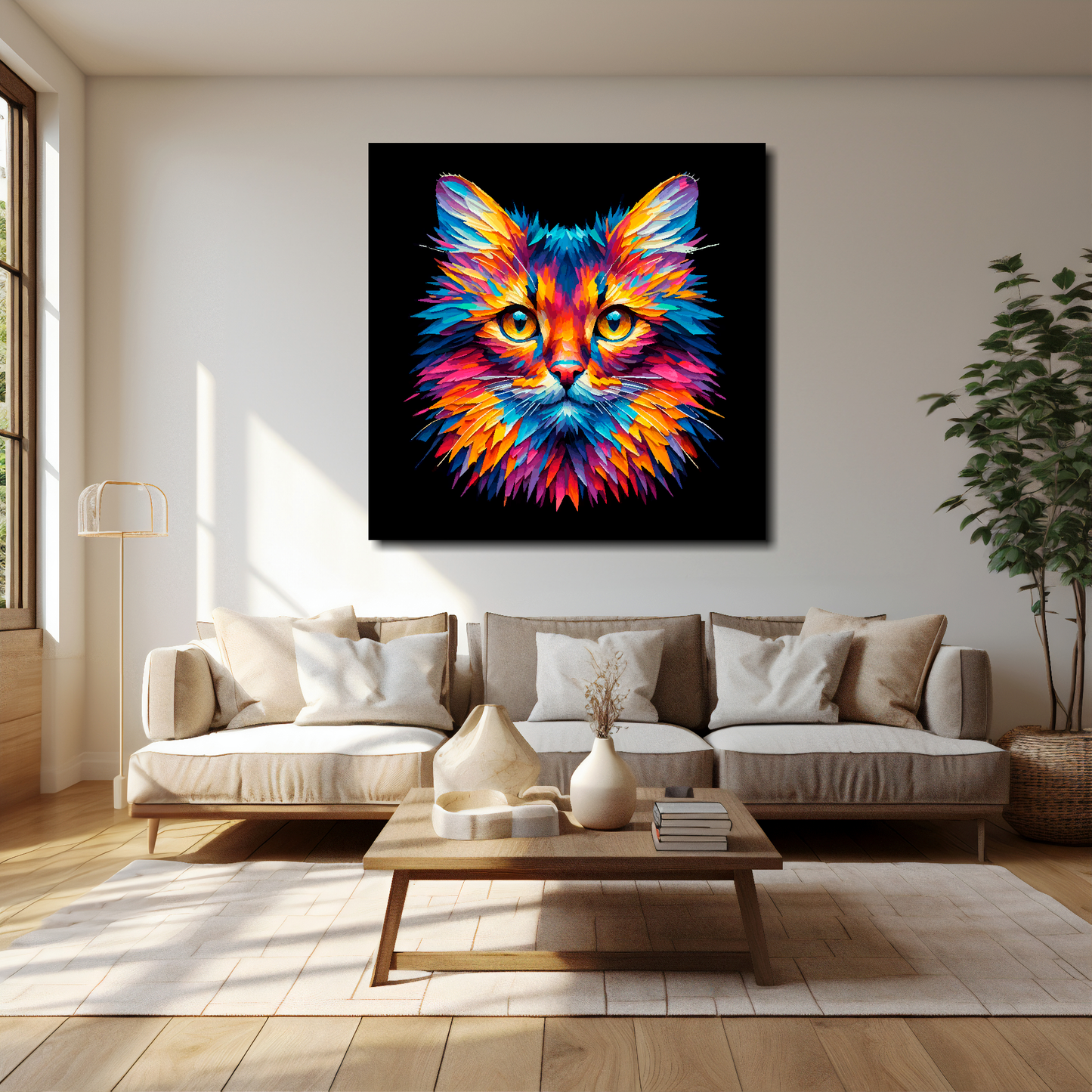 40 inch by 40 inch square canvas of a colourful Somali cat head portrait on a black background. Mounted on a white wall above a cream sofa with decorative pillows.