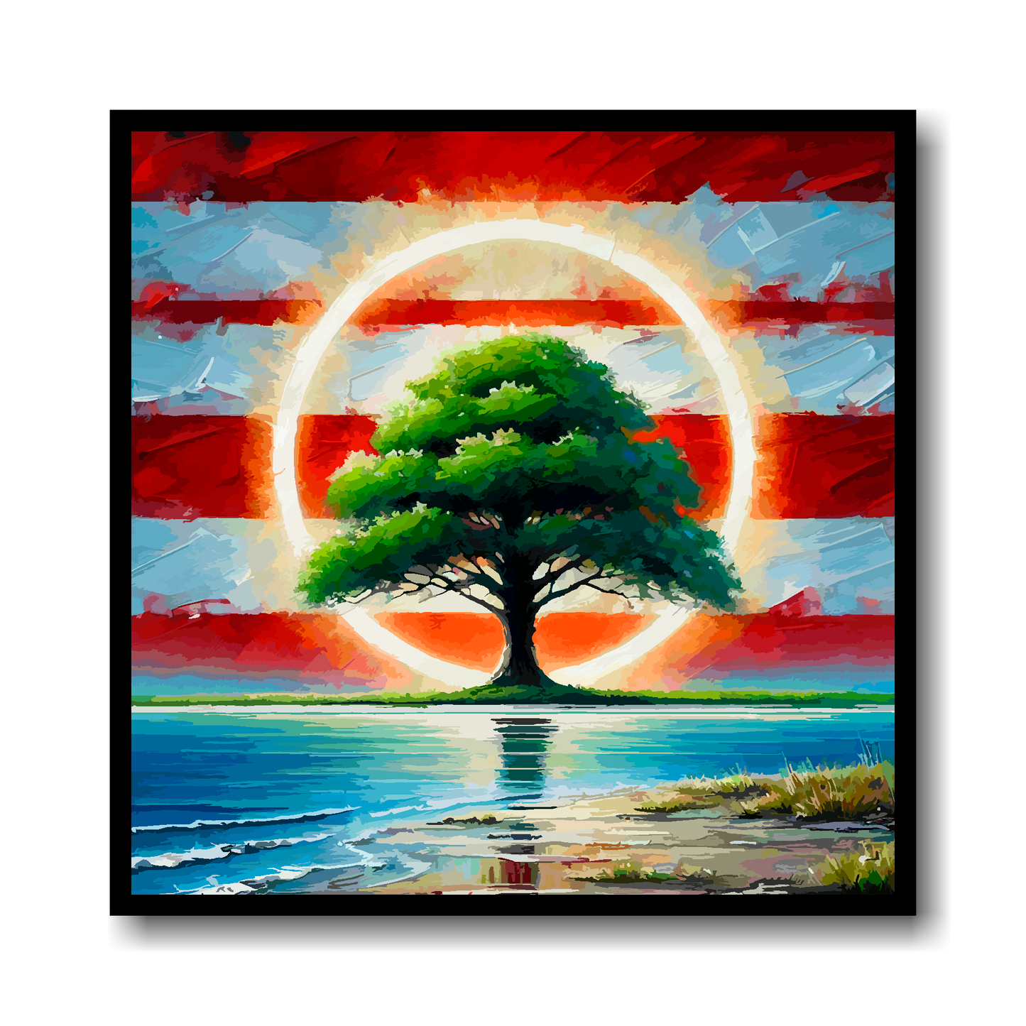 Southamton FC inspired canvas. Featuring a tree by water with a halo on a red and white striped background. Available in 3 sizes.