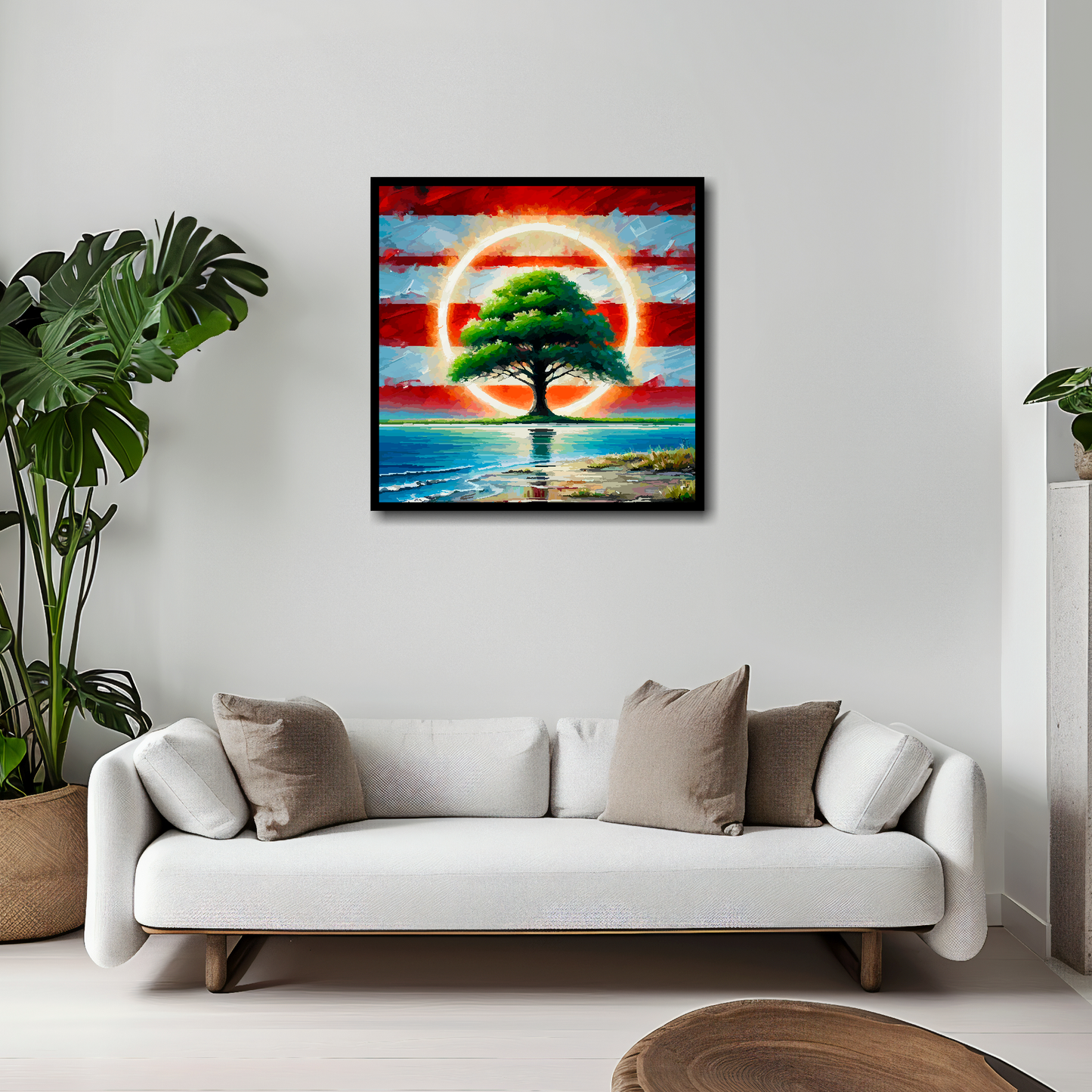 20 inch by 20 inch Southamton FC inspired canvas, mounted on a living room wall above a white sofa. Featuring a tree by water with a halo on a red and white striped background.
