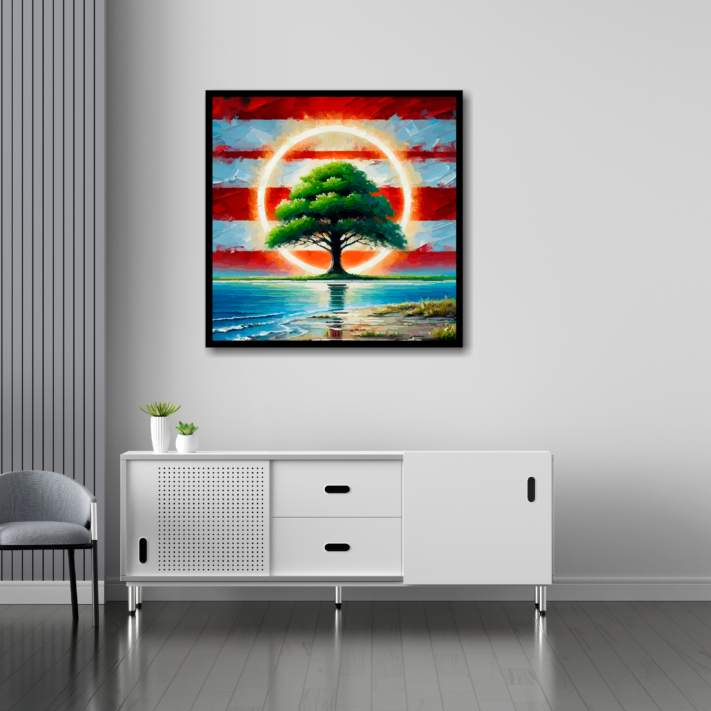 30 inch by 30 inch Southamton FC inspired canvas, mounted on a living room wall above a white sideboard. Featuring a tree by water with a halo on a red and white striped background.