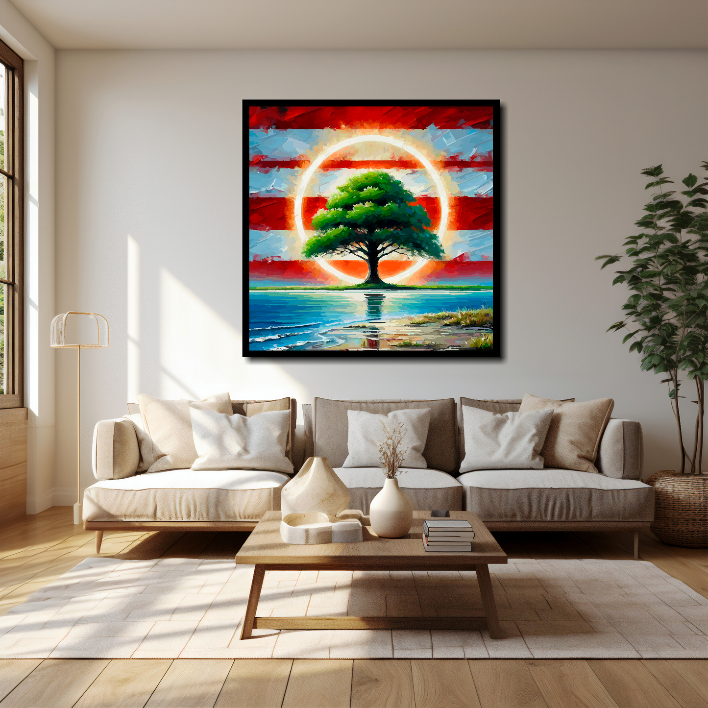 40 inch by 40 inch Southamton FC inspired canvas, mounted on a living room wall above a cream sofa. Featuring a tree by water with a halo on a red and white striped background.