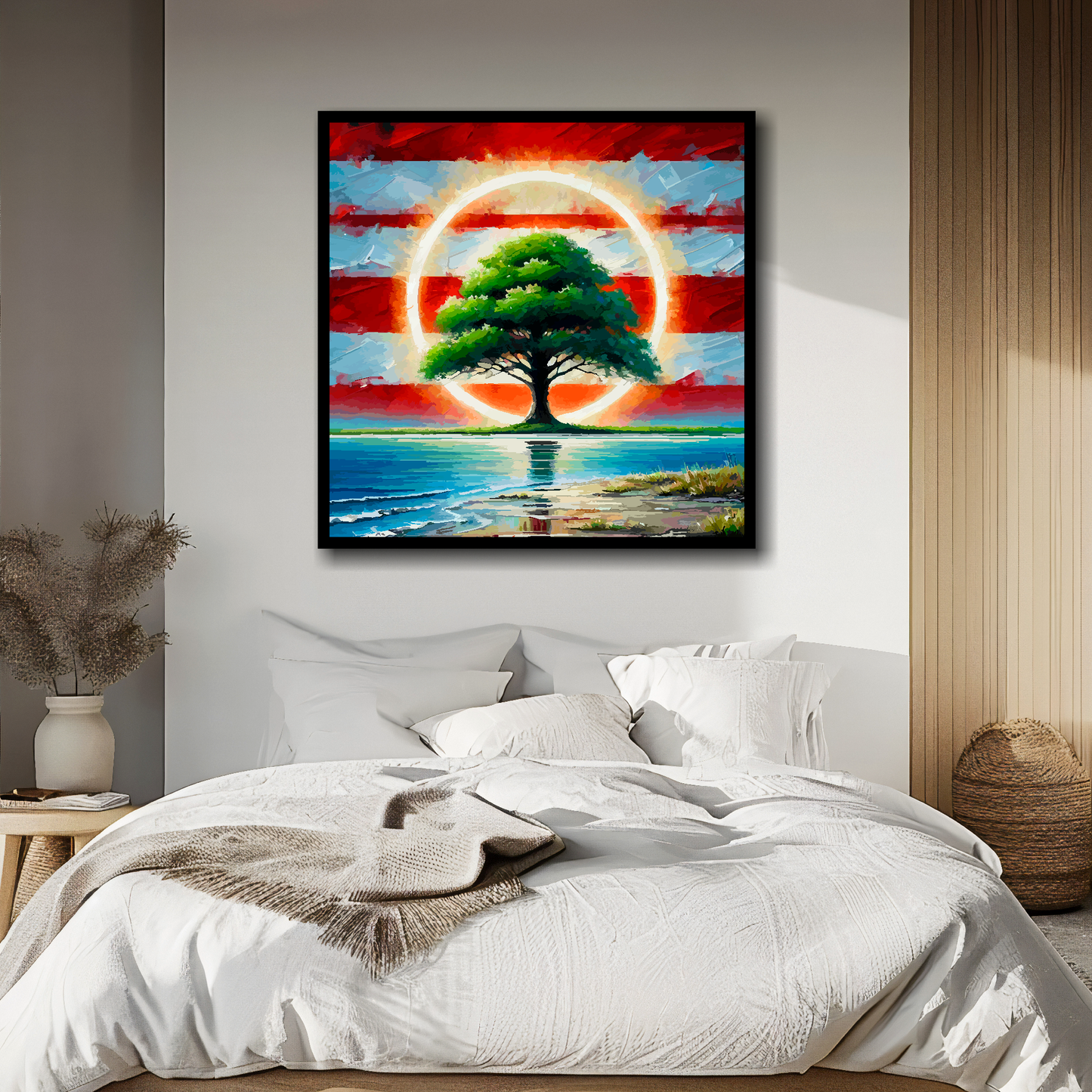 Southamton FC inspired canvas, mounted on a bedroom wall above a bed. Featuring a tree by water with a halo on a red and white striped background.