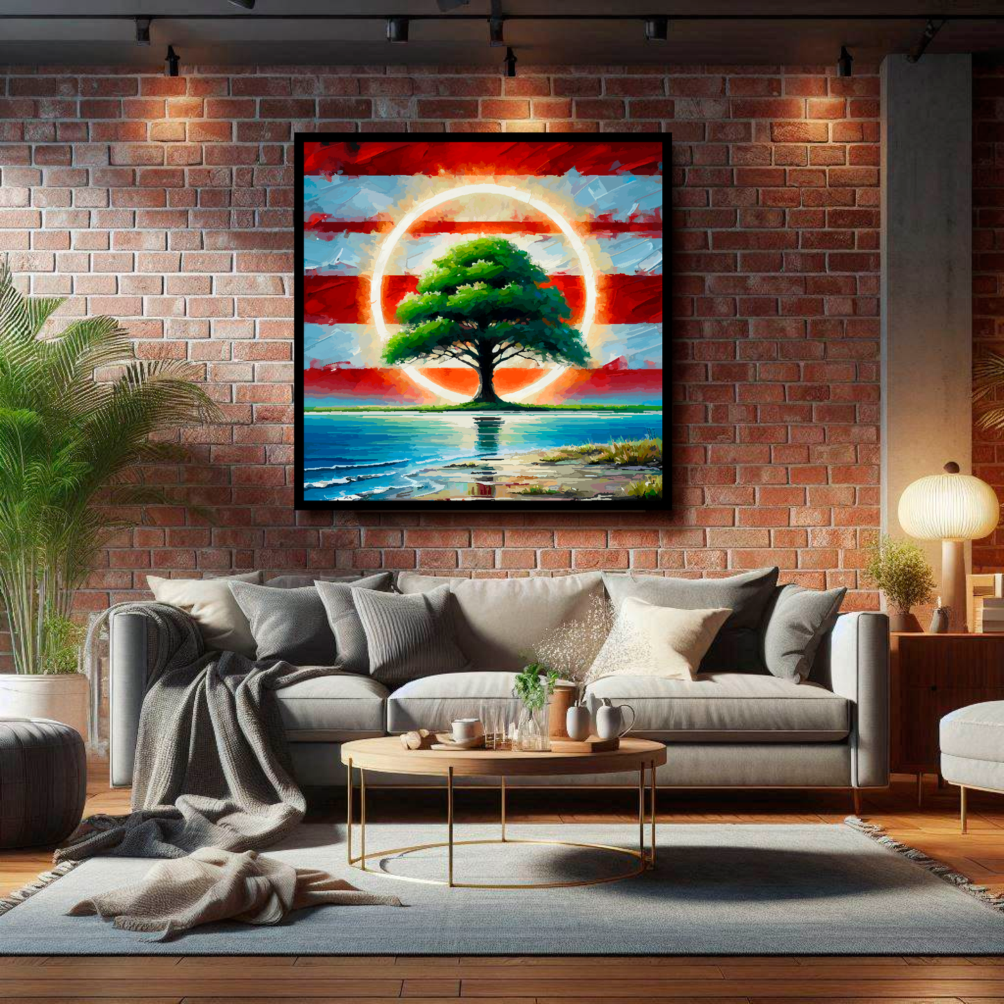 Southamton FC inspired canvas, mounted on a living room wall above a grey sofa. Featuring a tree by water with a halo on a red and white striped background.