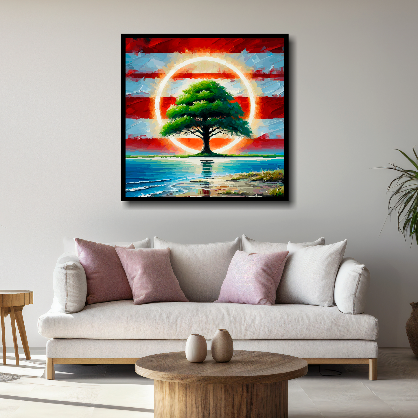 Southamton FC inspired canvas, mounted on a living room wall above a cream sofa. Featuring a tree by water with a halo on a red and white striped background.