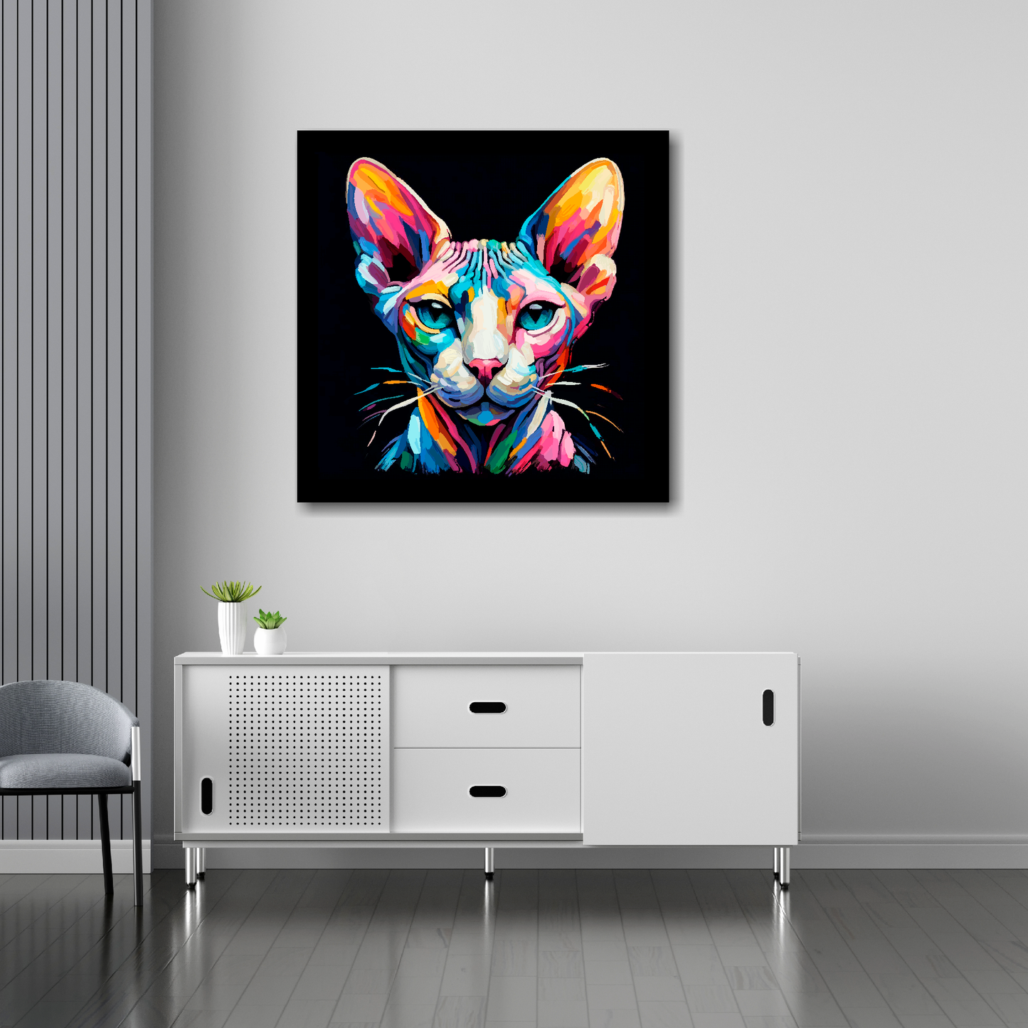 30 inch by 30 inch square canvas of a colourful Sphynx cat head portrait on a black background. Mounted on a white wall above a white sideboard.