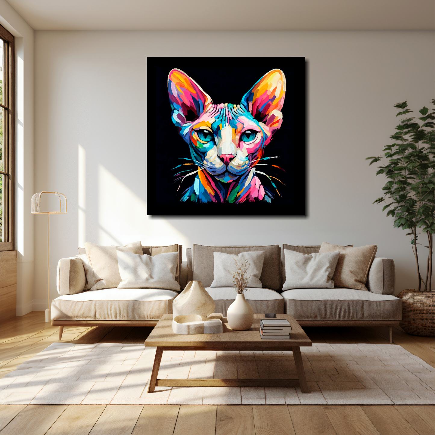 40 inch by 40 inch square canvas of a colourful Sphynx cat head portrait on a black background. Mounted on a white wall above a cream sofa with decorative pillows.